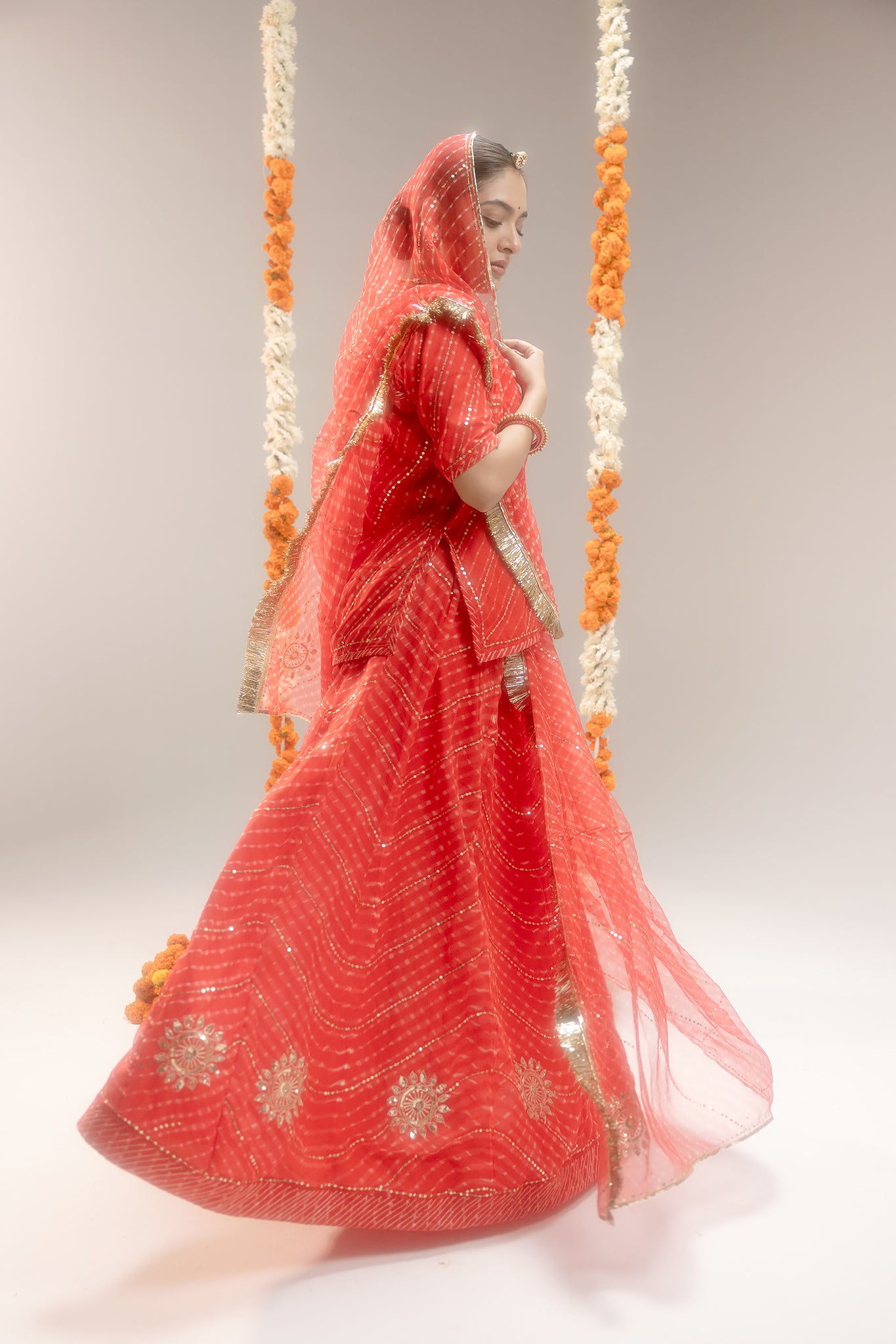 Georgette Orange 20 Gsm Leheriya Mothda Aari Sequins Jaal Work Poshak