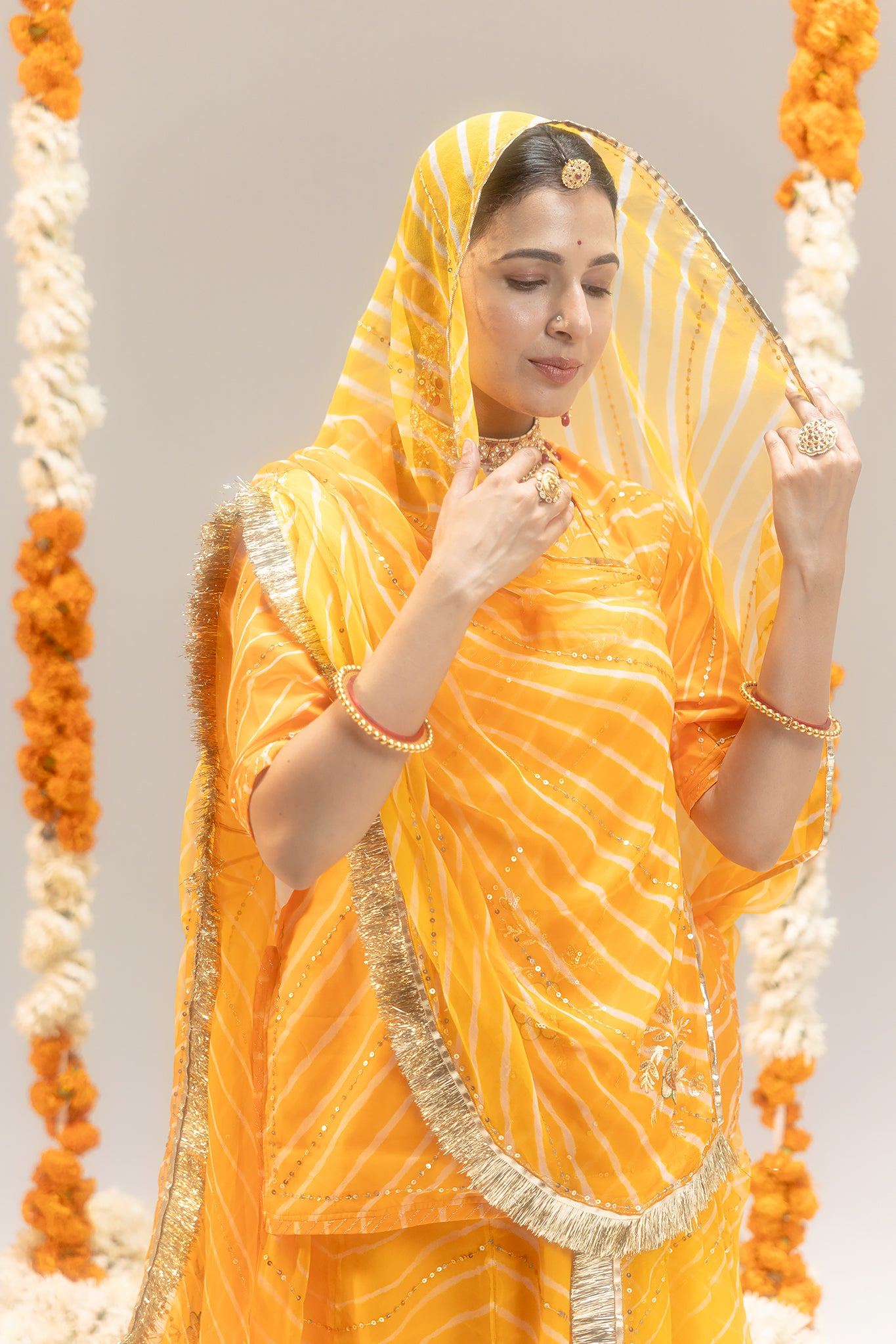 Pure Georgette 20 Gsm Yellow Leheriya Aari Sequins Jaal Work Poshak