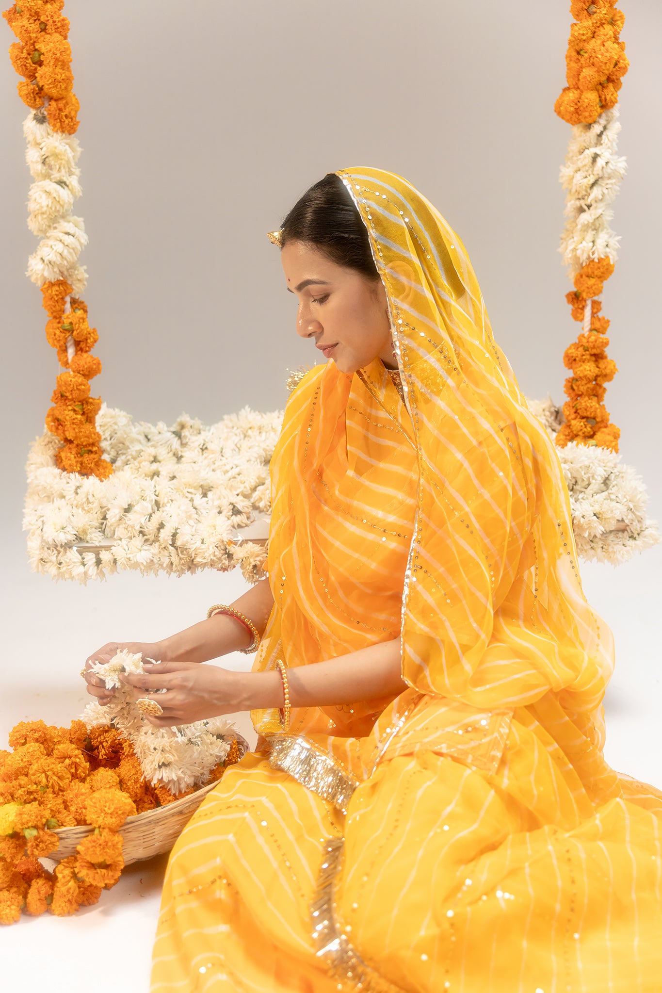 Pure Georgette 20 Gsm Yellow Leheriya Aari Sequins Jaal Work Poshak