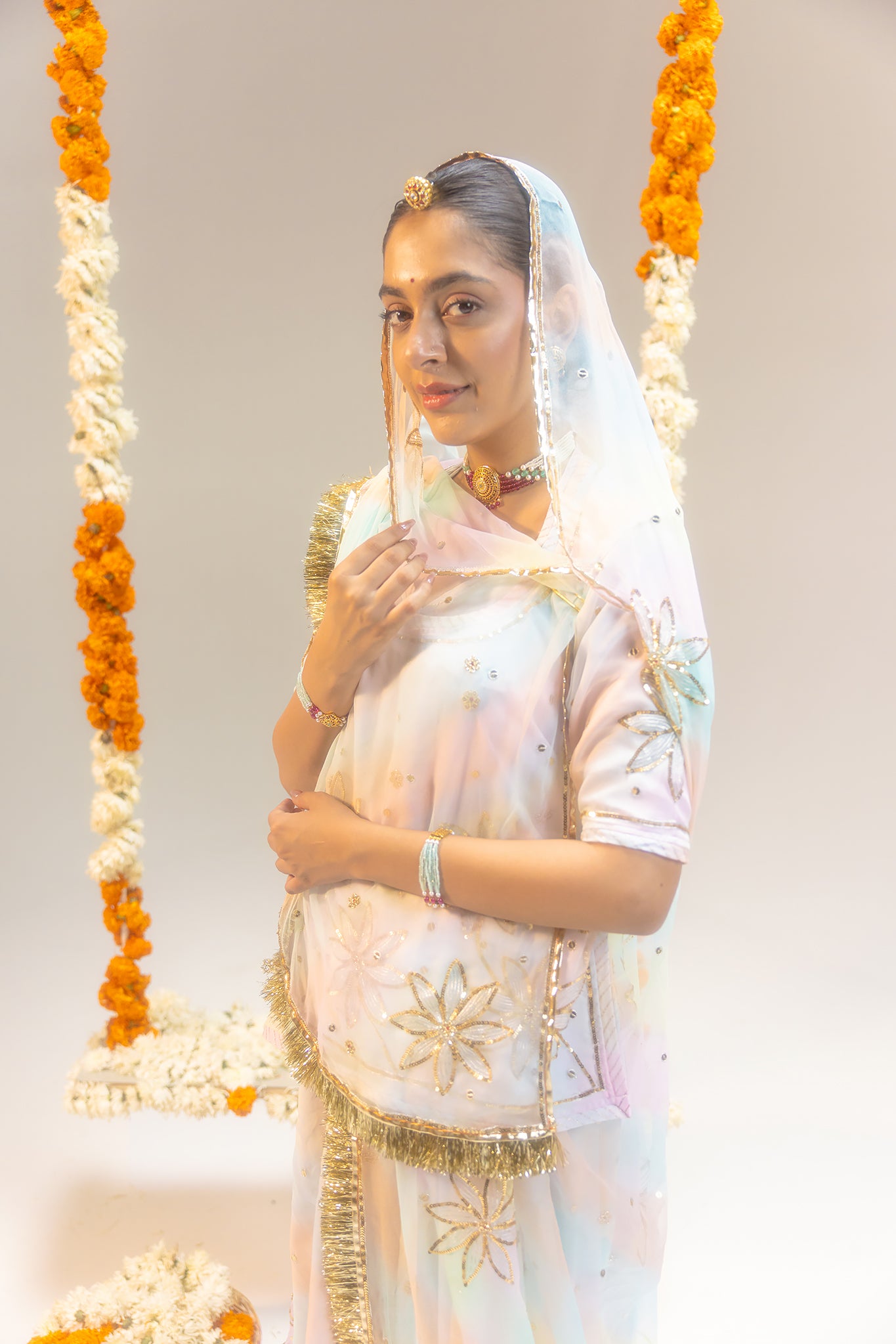 Pure Georgette 20 Gsm Samundar Leheriya Aari Sequins Motifs Work Poshak