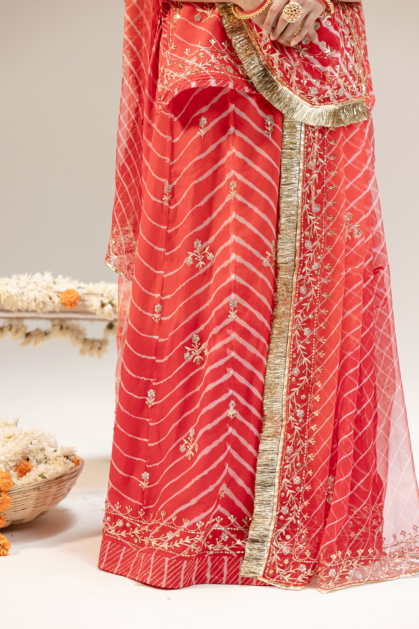 Pure Georgette 20 Gsm Red Leheriya Aari Sequins Kardana Border Booti Work Poshak