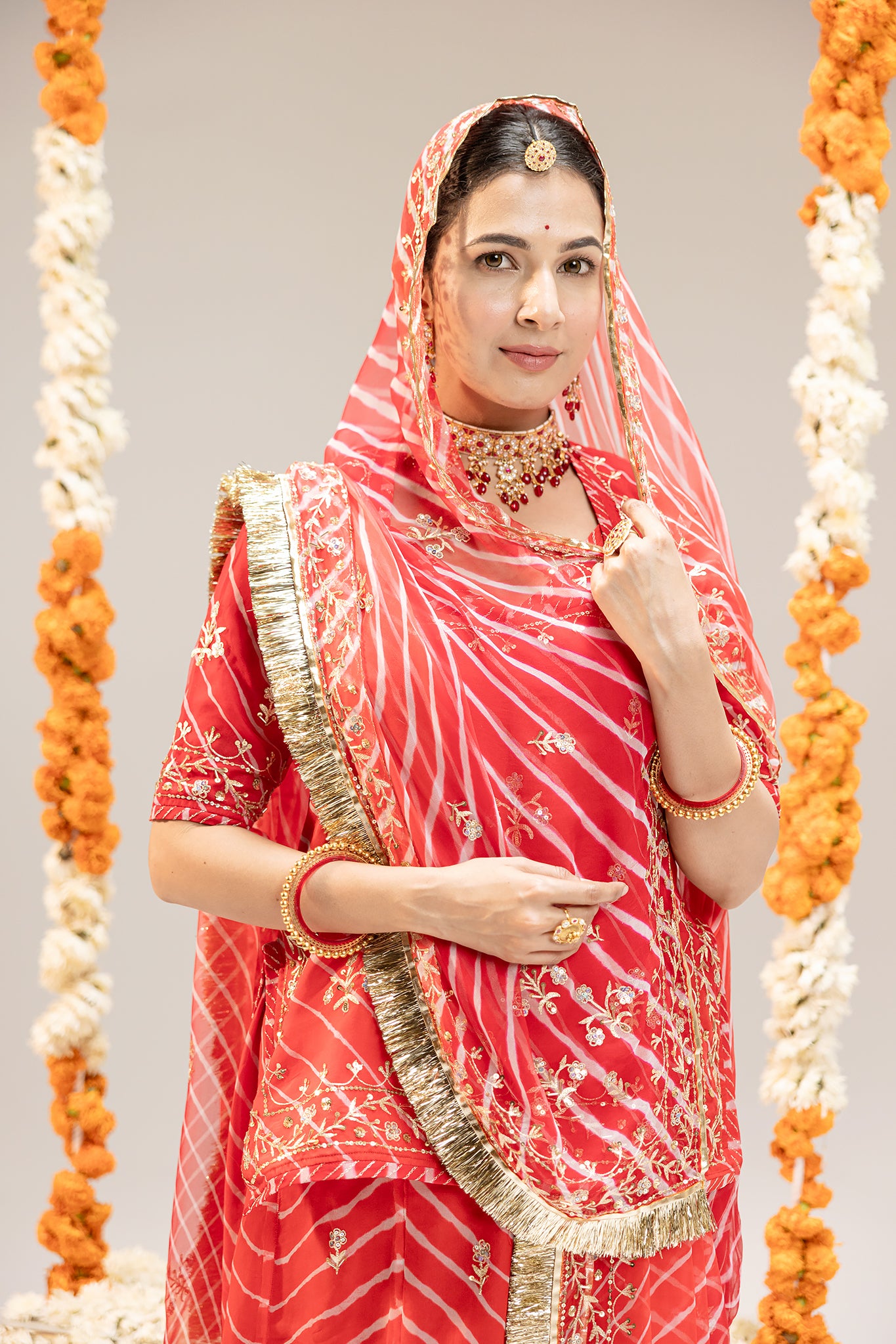 Pure Georgette 20 Gsm Red Leheriya Aari Sequins Kardana Border Booti Work Poshak