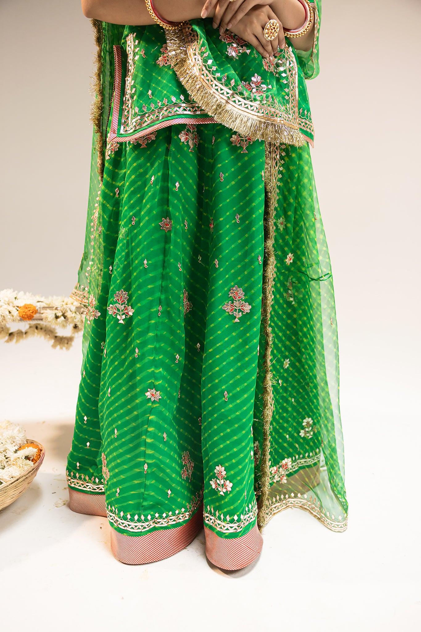 Pure Georgette 20 Gsm Green Leheriya Mothda Gota Paati Border Butti Work Poshak