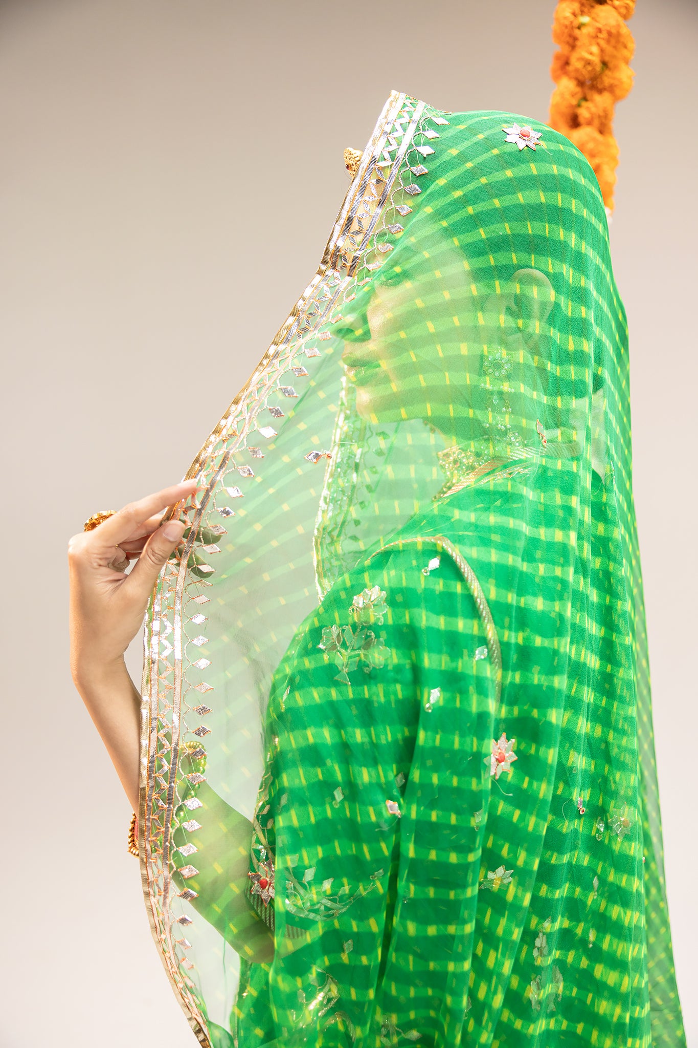 Pure Georgette 20 Gsm Green Leheriya Mothda Gota Paati Border Butti Work Poshak