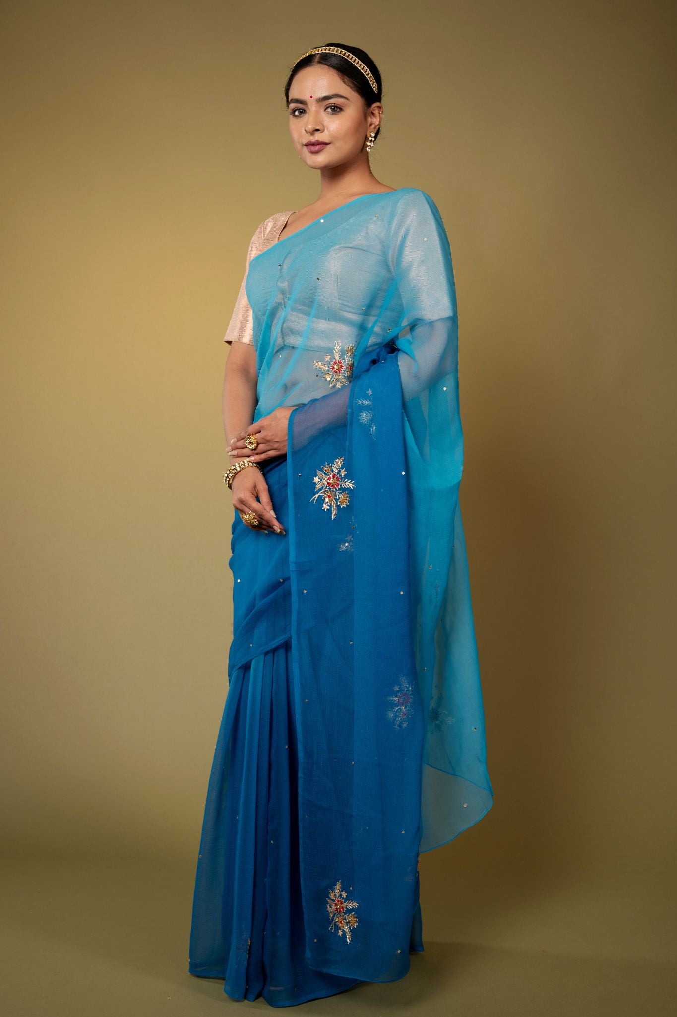 Turquoise  viscose chiffon aari sequins   handwork casual wear saree