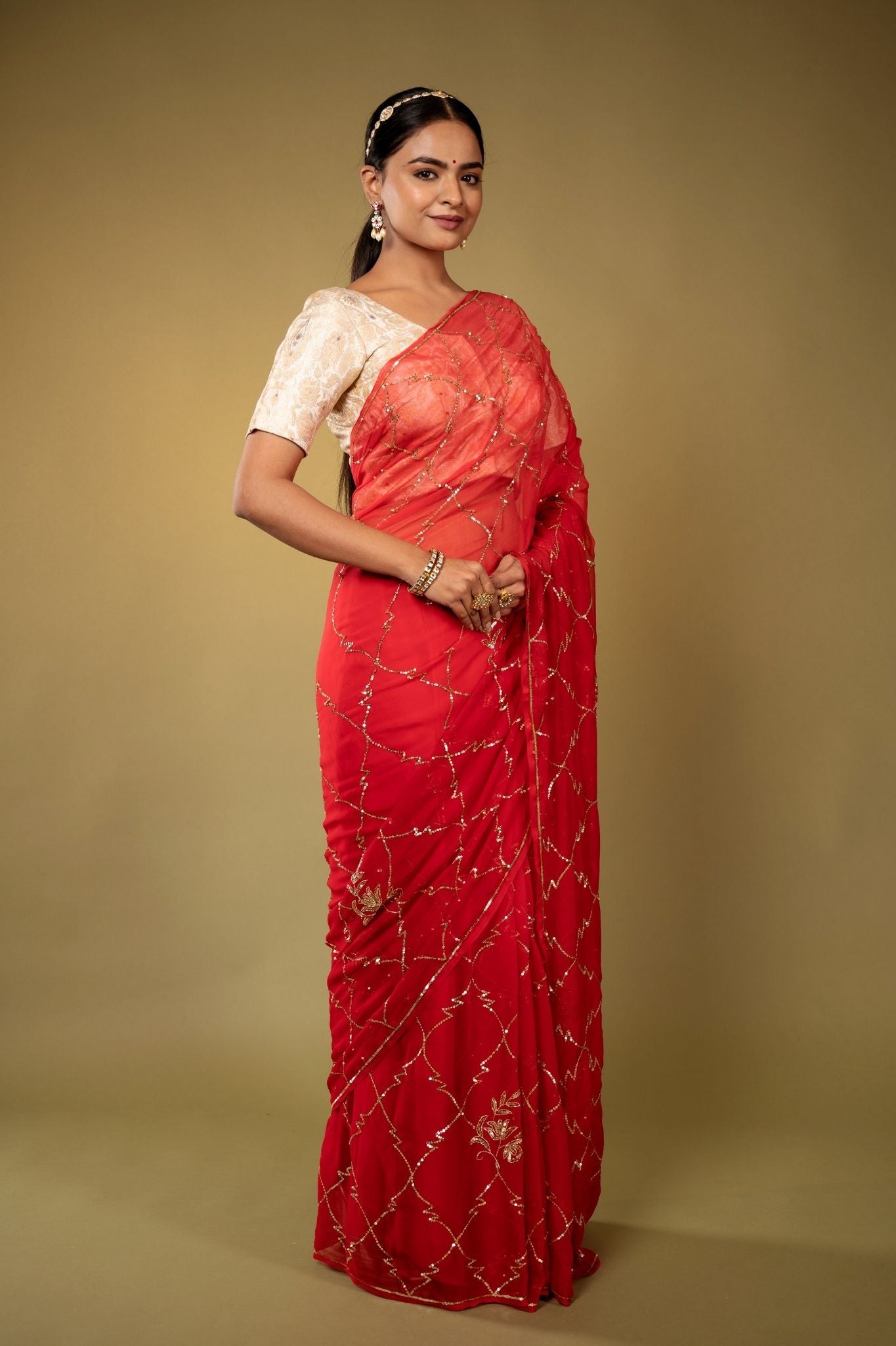 Red Viscose Chiffon aari sequins  jaal handwork party wear saree