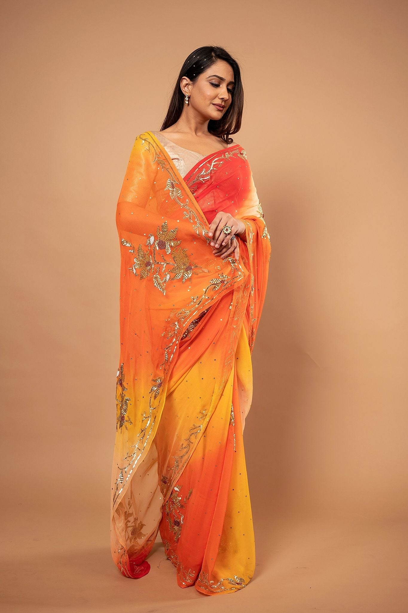 Yellow orange Pure Chiffon Aari sequins  Motif handwork saree
