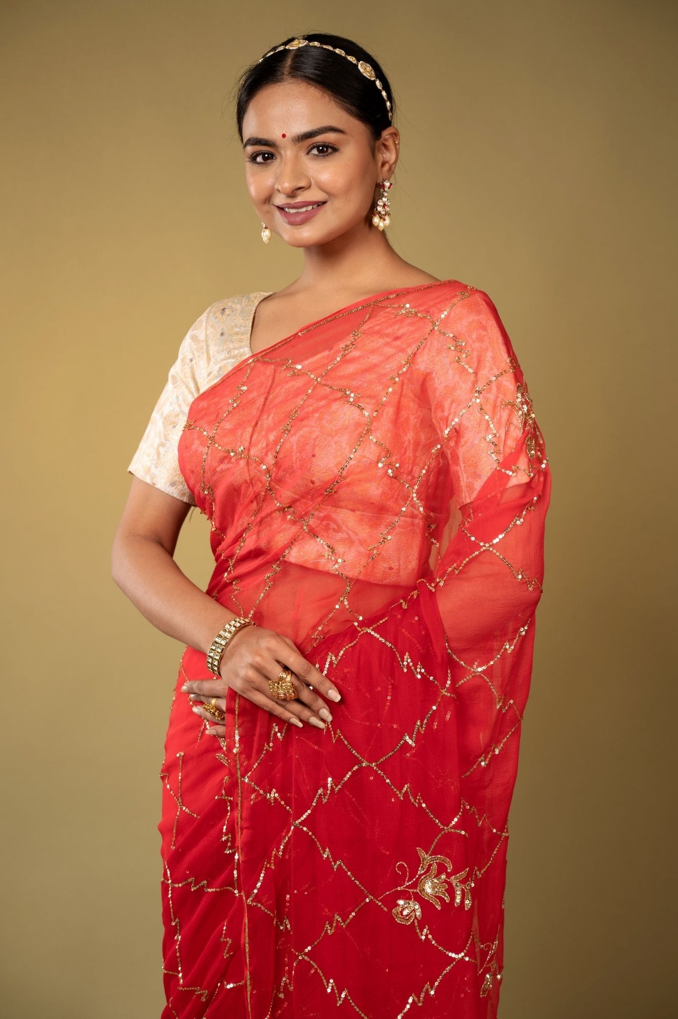 Red Viscose Chiffon aari sequins  jaal handwork party wear saree