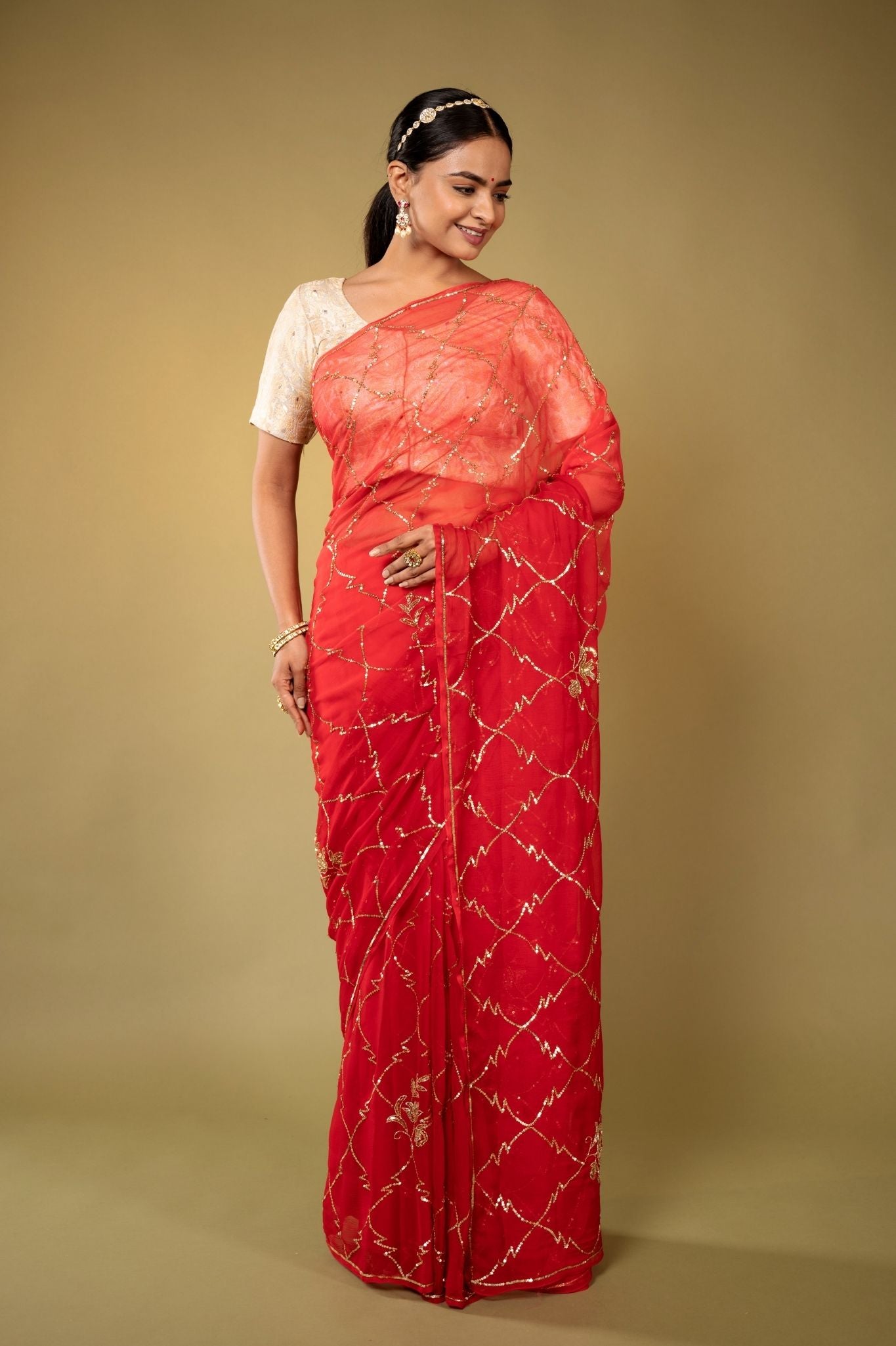Red Viscose Chiffon aari sequins  jaal handwork party wear saree
