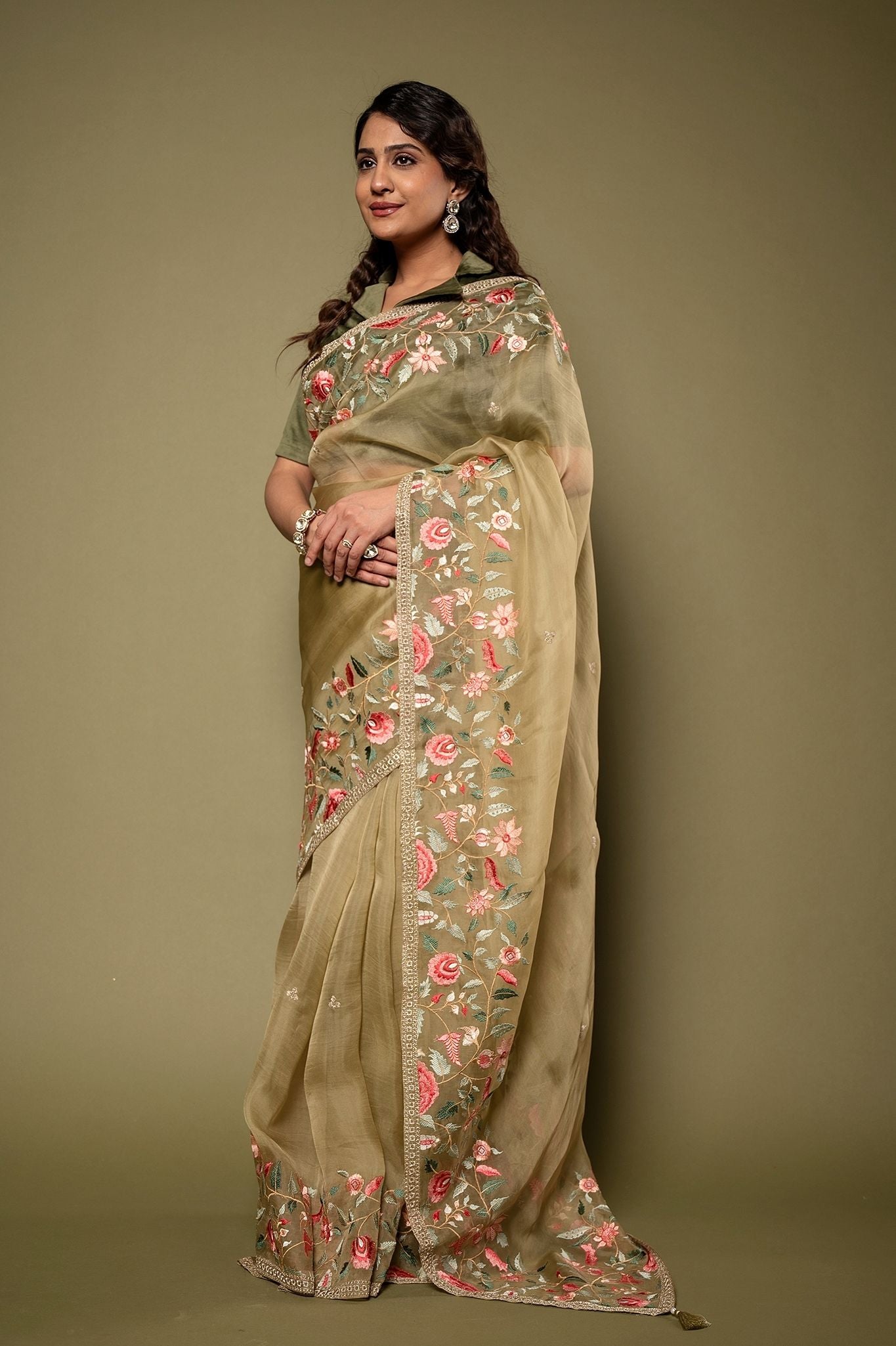 Beige Green Organza  resham border butti handwork saree