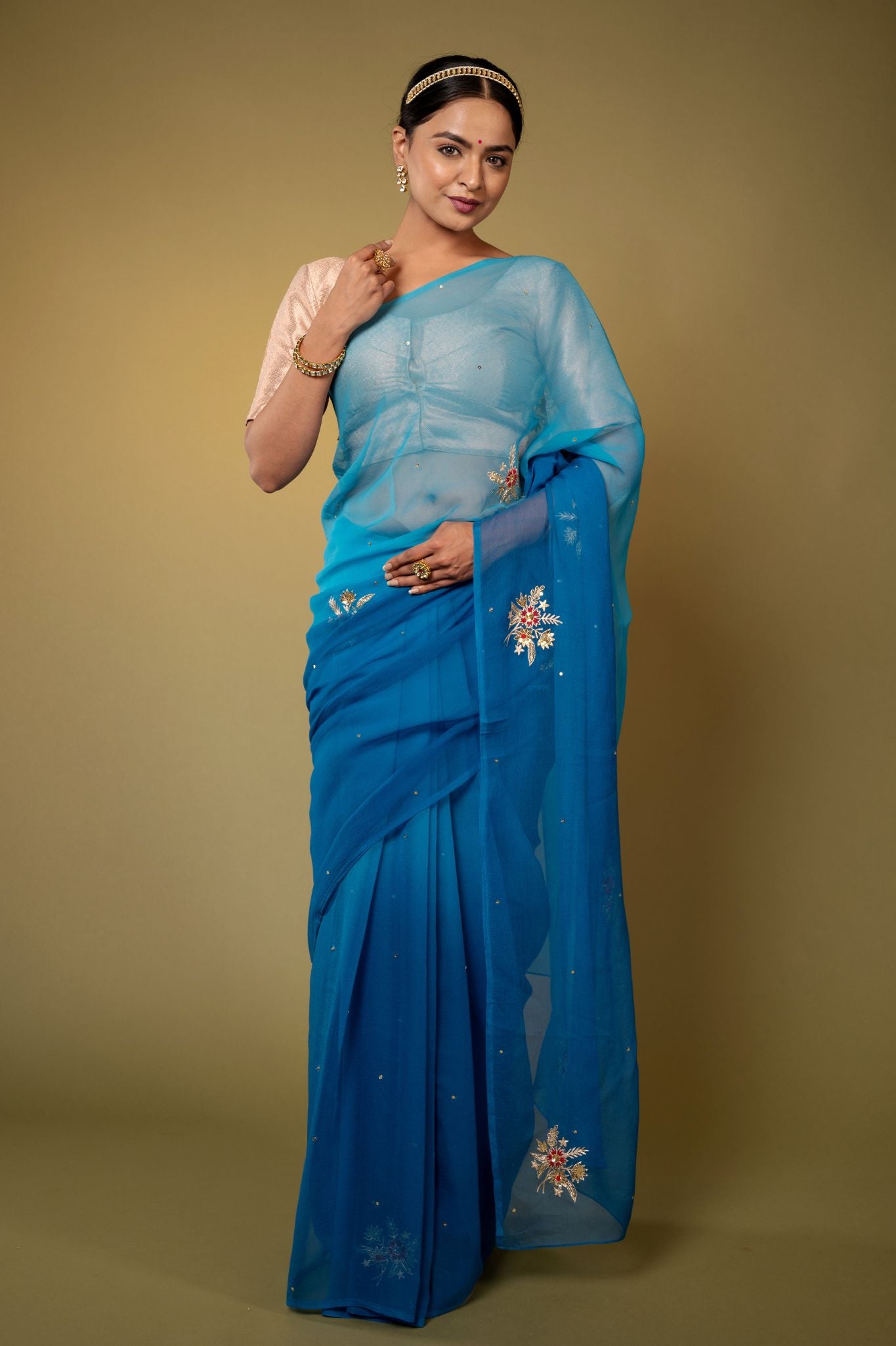 Turquoise  viscose chiffon aari sequins   handwork casual wear saree