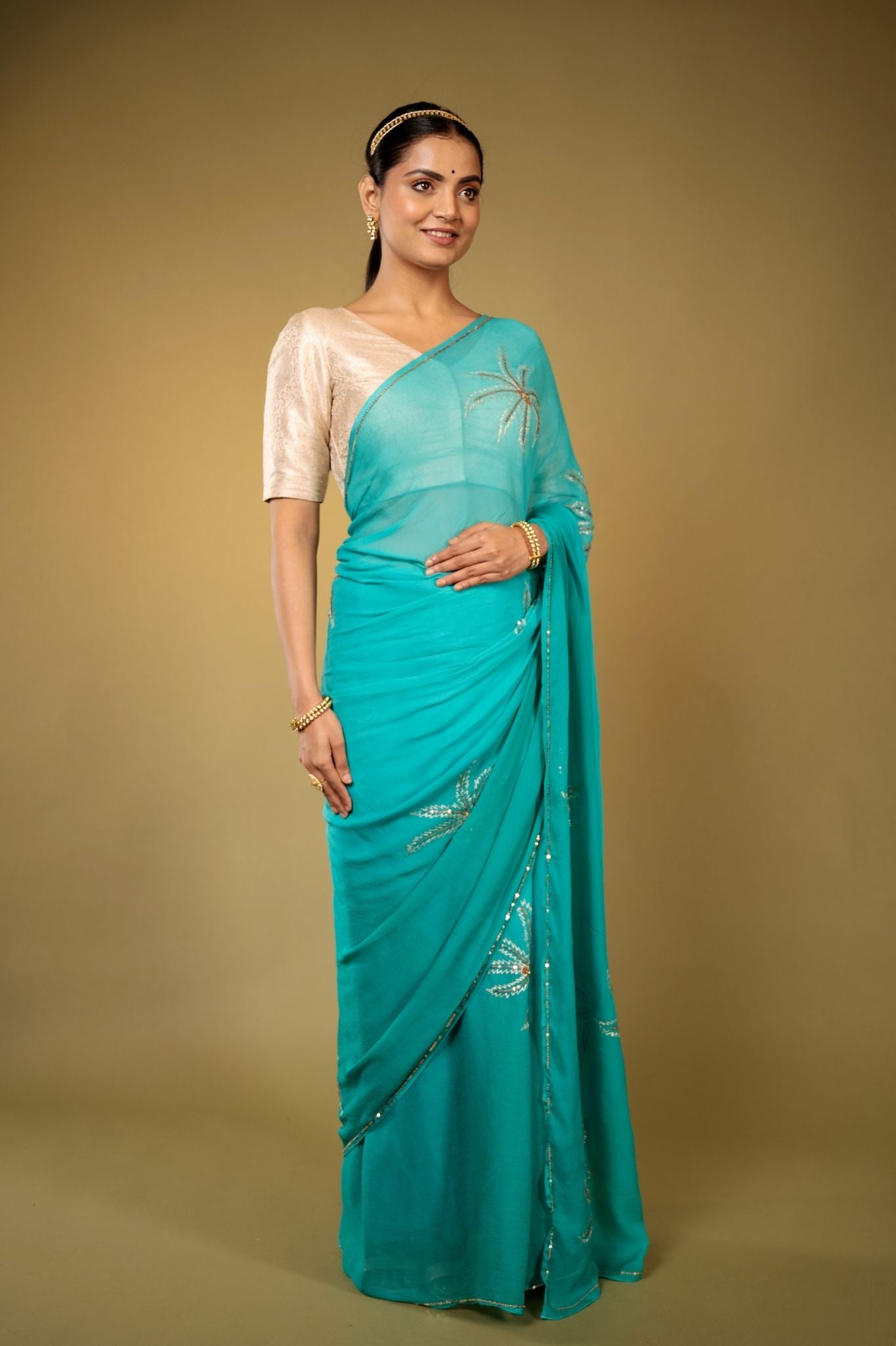 Firozi Pure Chiffon Aari sequins  Motif handwork saree