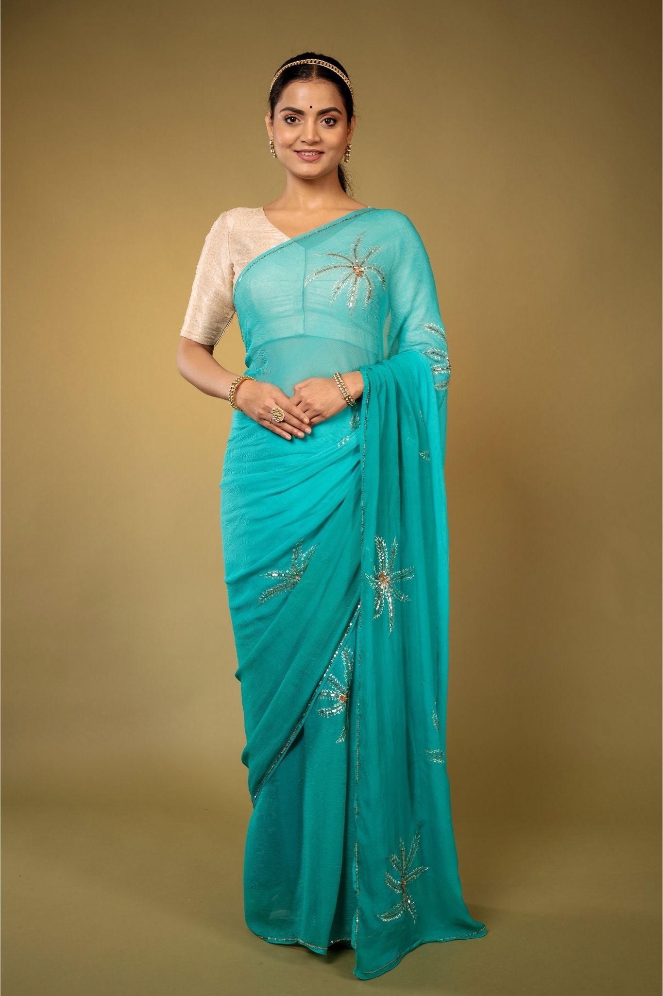 Firozi Pure Chiffon Aari sequins  Motif handwork saree