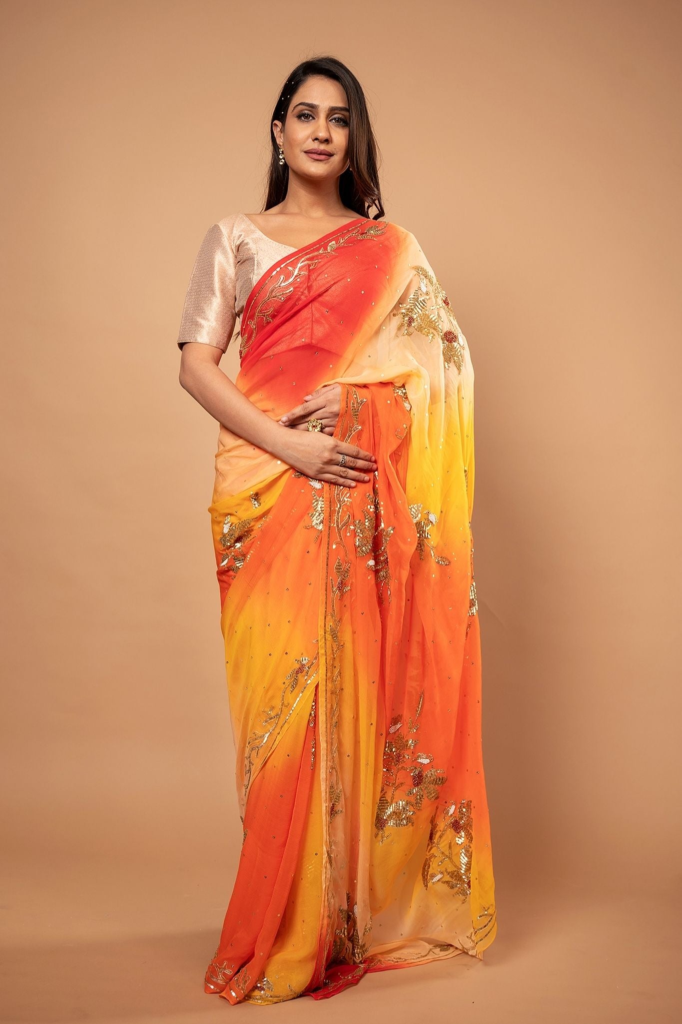 Yellow orange Pure Chiffon Aari sequins  Motif handwork saree