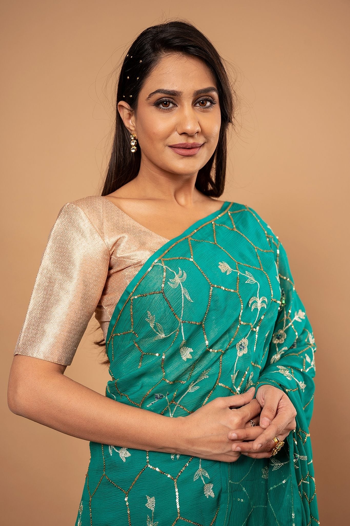 rama green Pure Chiffon aari sequins  jaal handwork saree