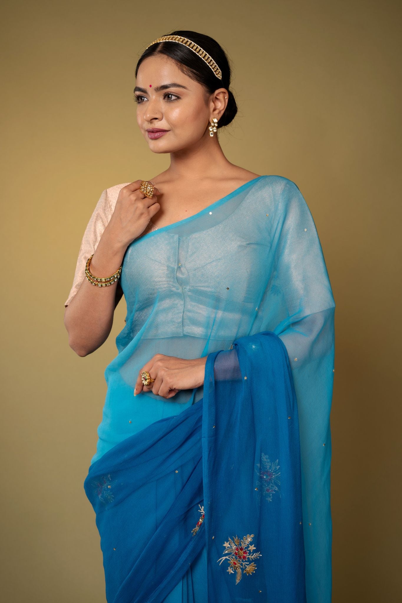 Turquoise  viscose chiffon aari sequins   handwork casual wear saree