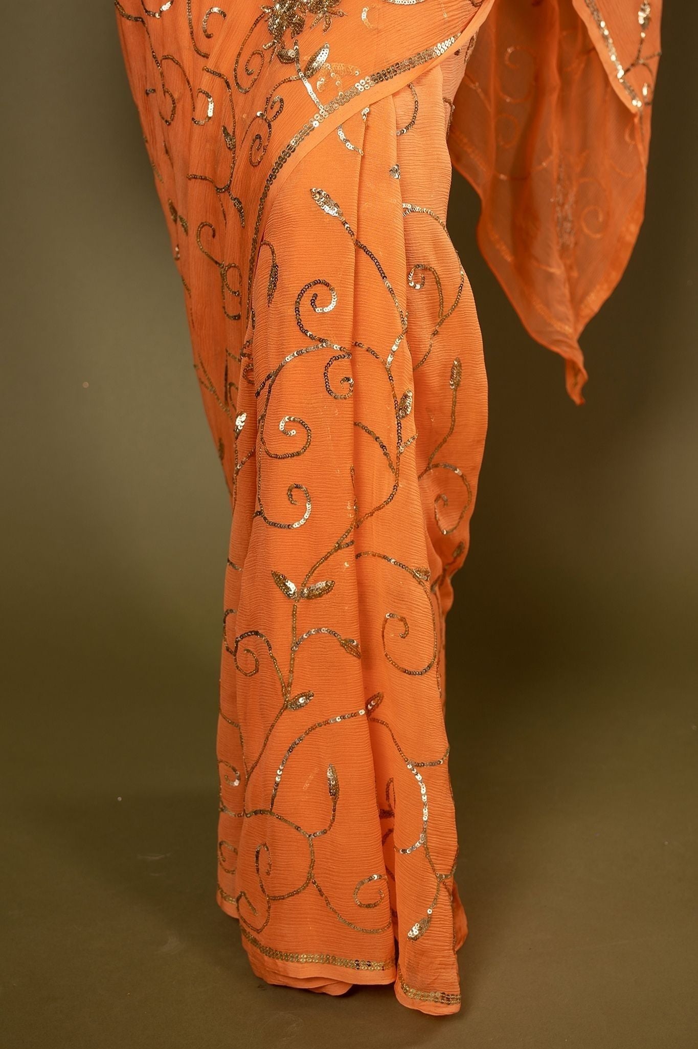 Orange Pure Chiffon aari sequins  jaal handwork saree