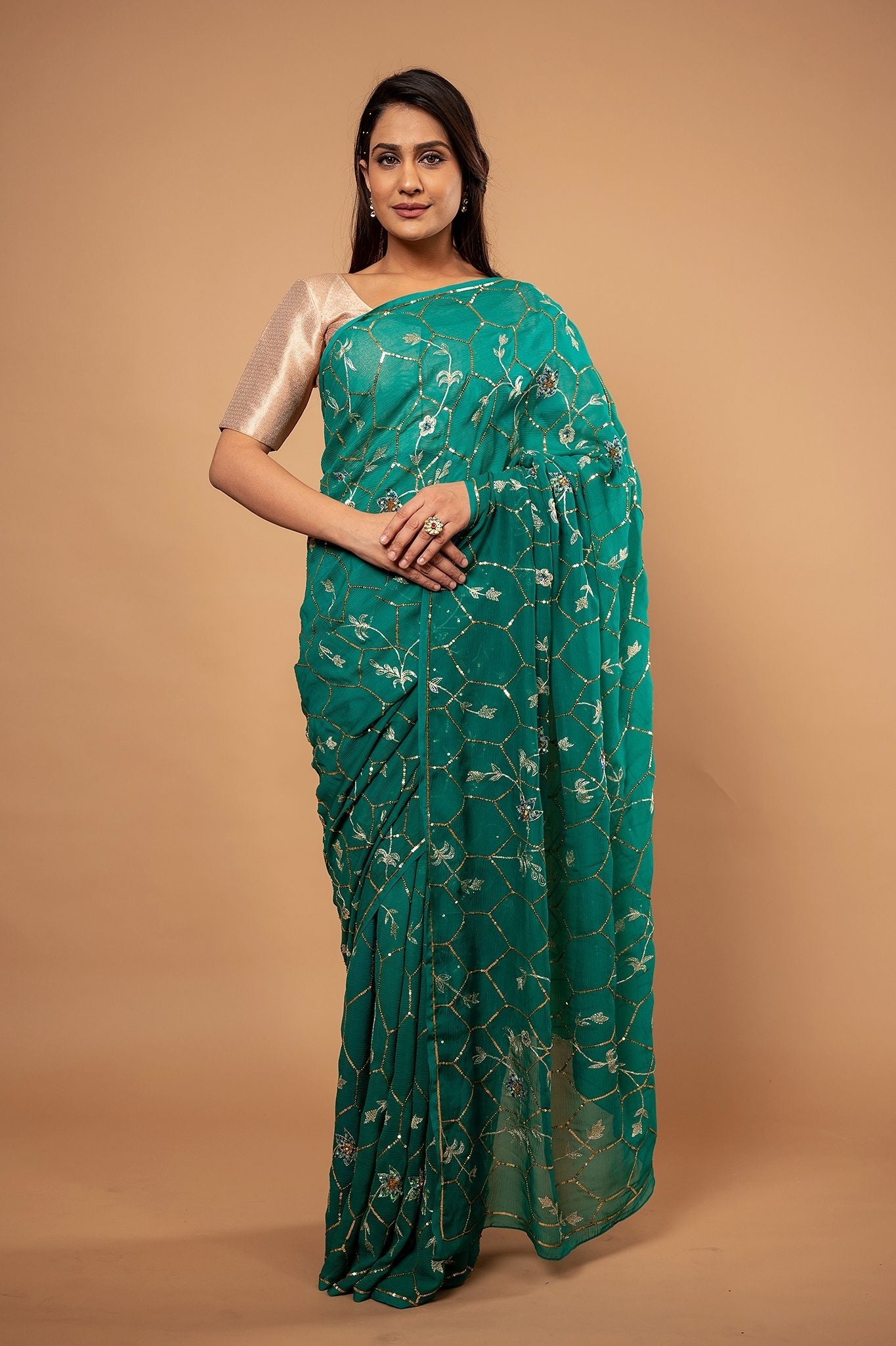 rama green Pure Chiffon aari sequins  jaal handwork saree