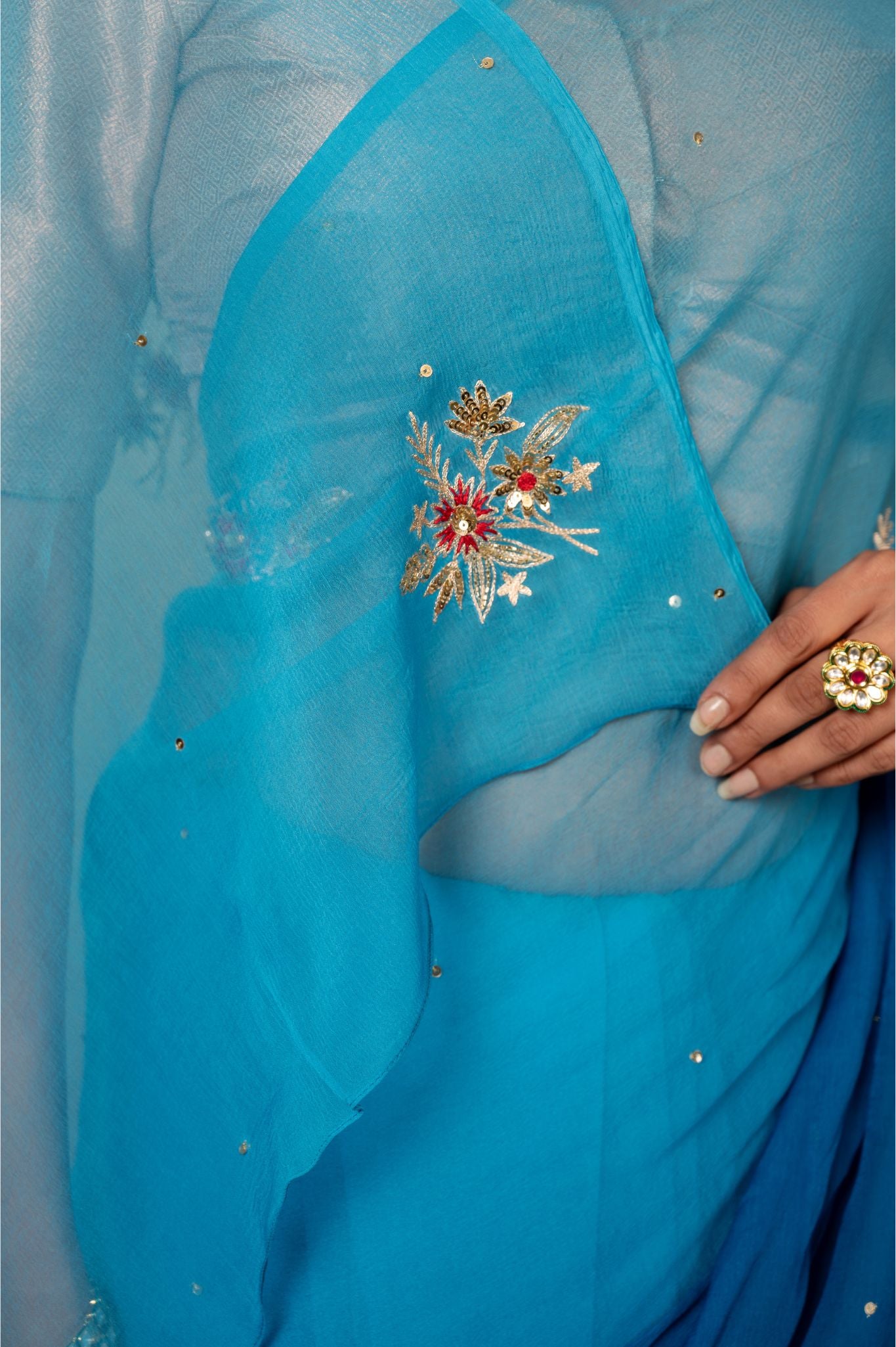 Turquoise  viscose chiffon aari sequins   handwork casual wear saree