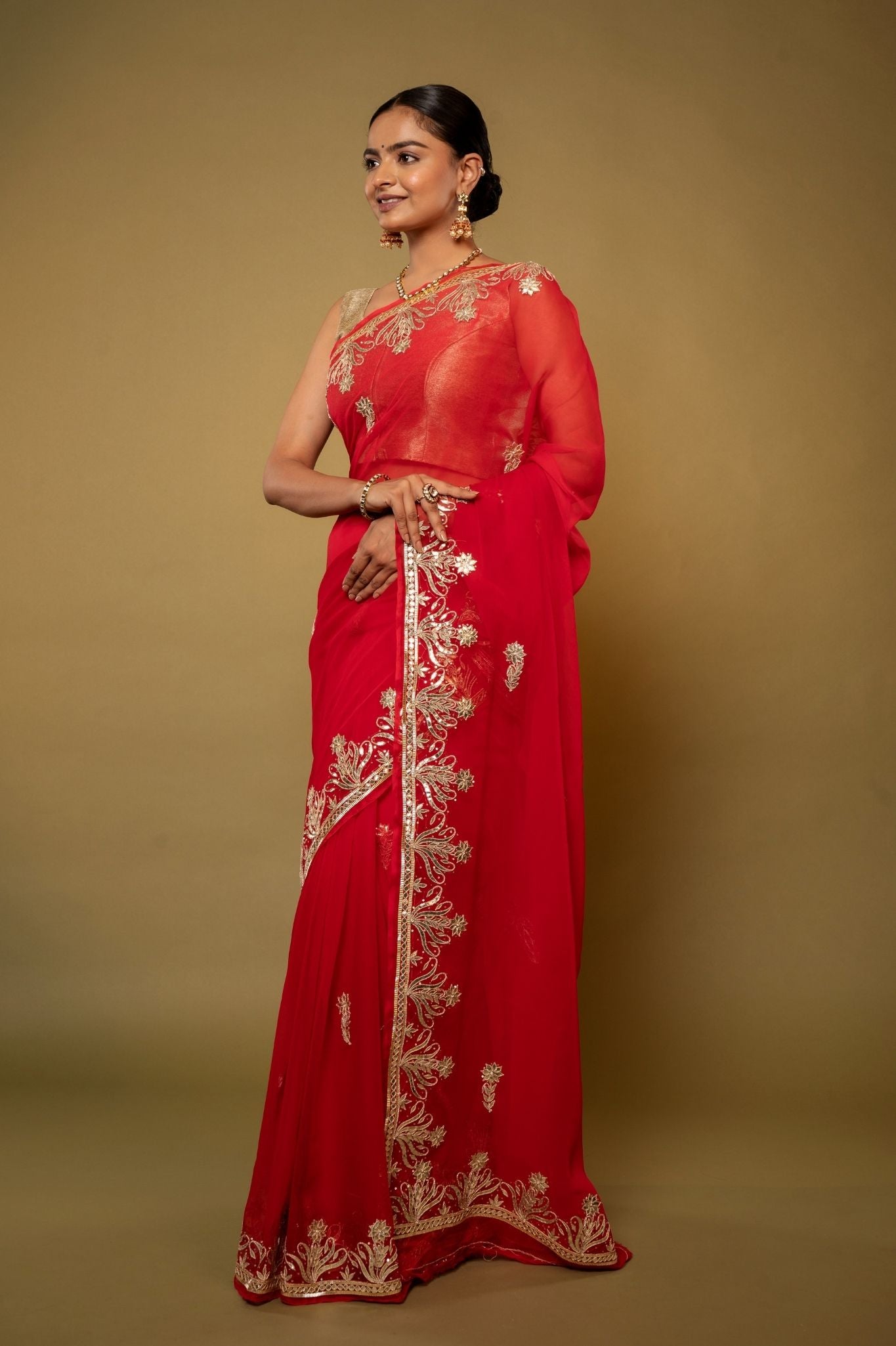 red Viscose Chiffon aari sequins  handwork party wear saree