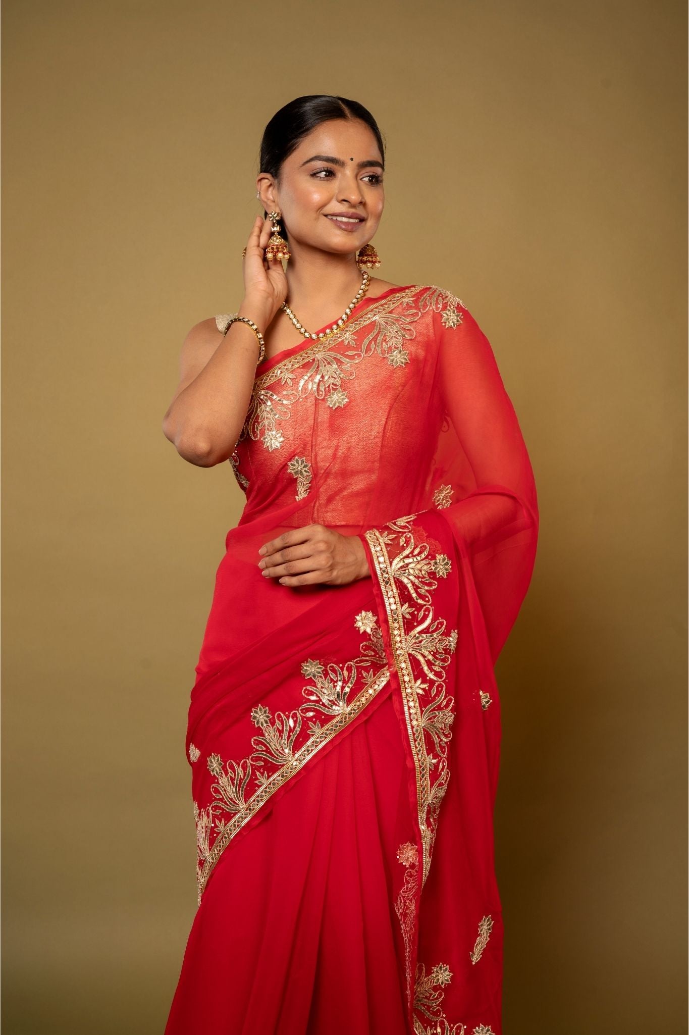 red Viscose Chiffon aari sequins  handwork party wear saree