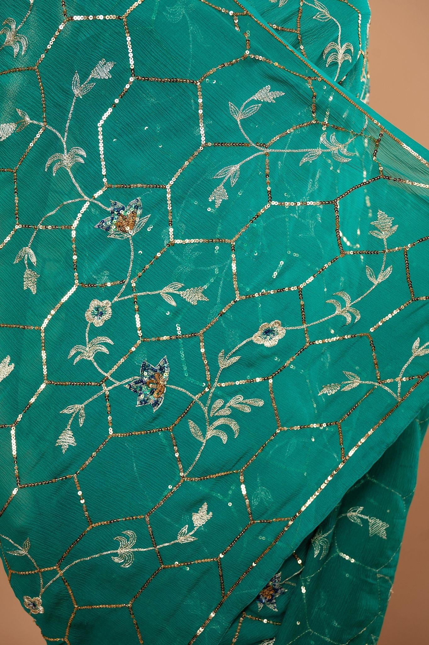 rama green Pure Chiffon aari sequins  jaal handwork saree