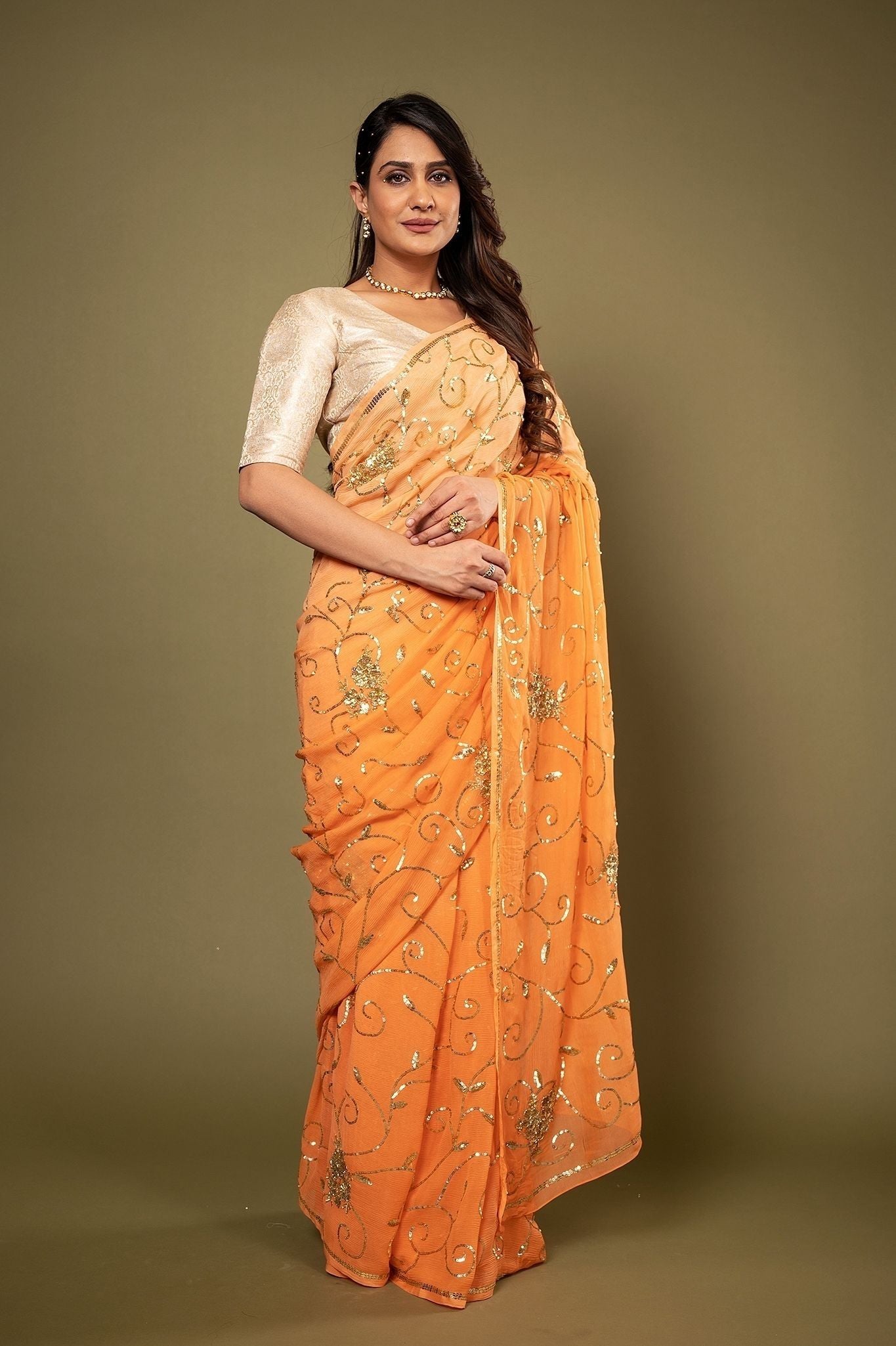 Orange Pure Chiffon aari sequins  jaal handwork saree