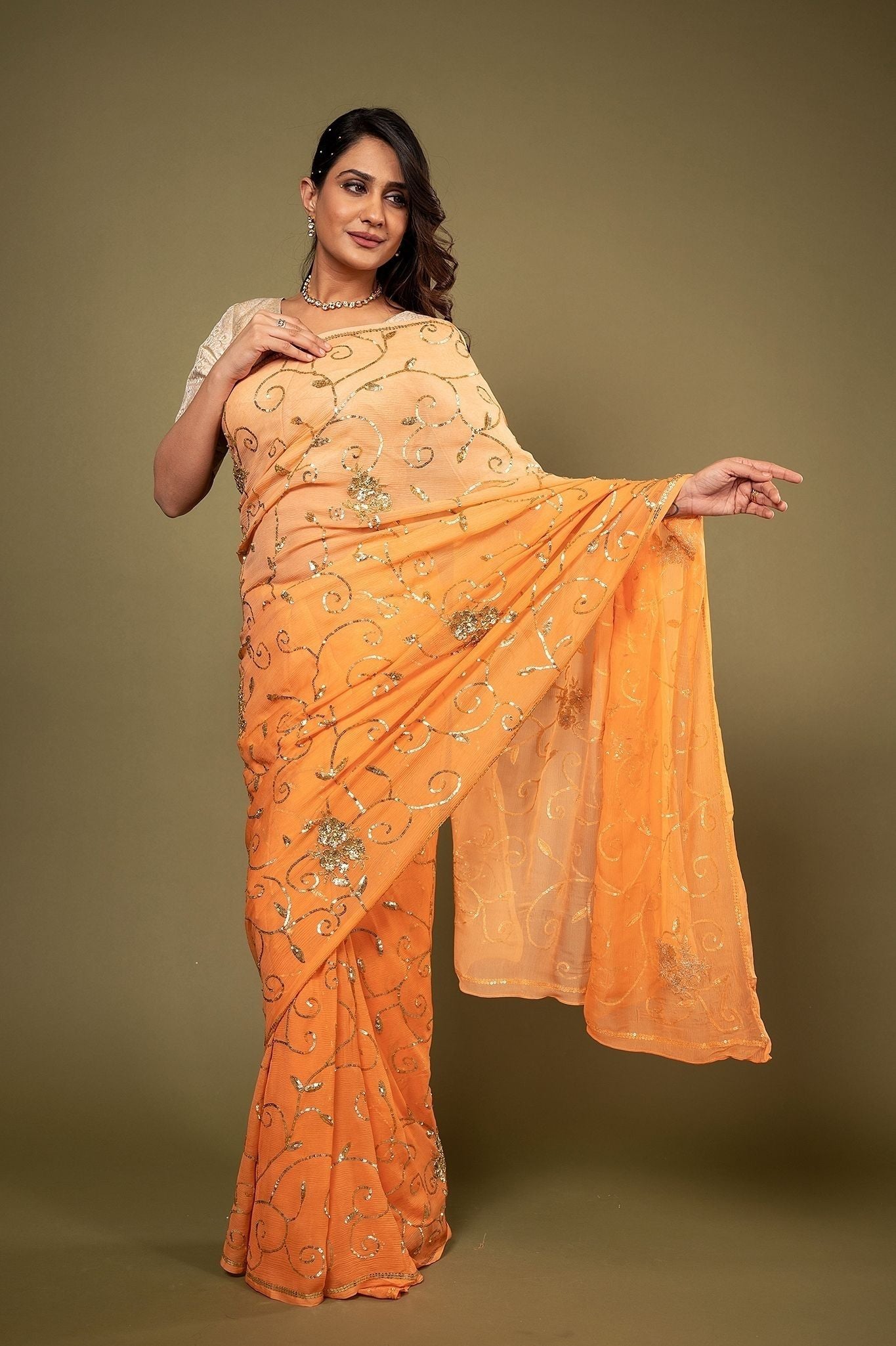 Orange Pure Chiffon aari sequins  jaal handwork saree