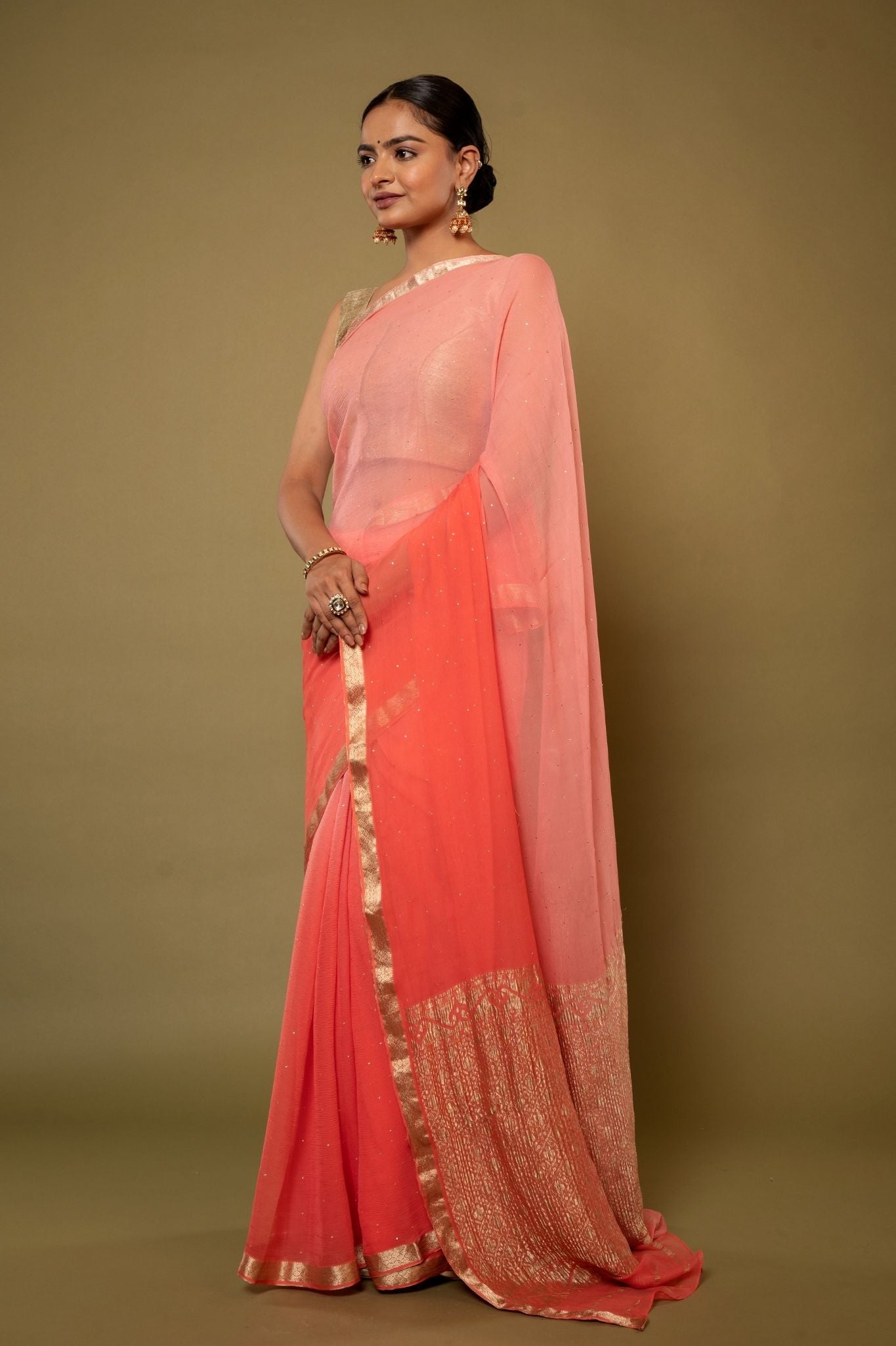 peach pure chiffon zari border  saree