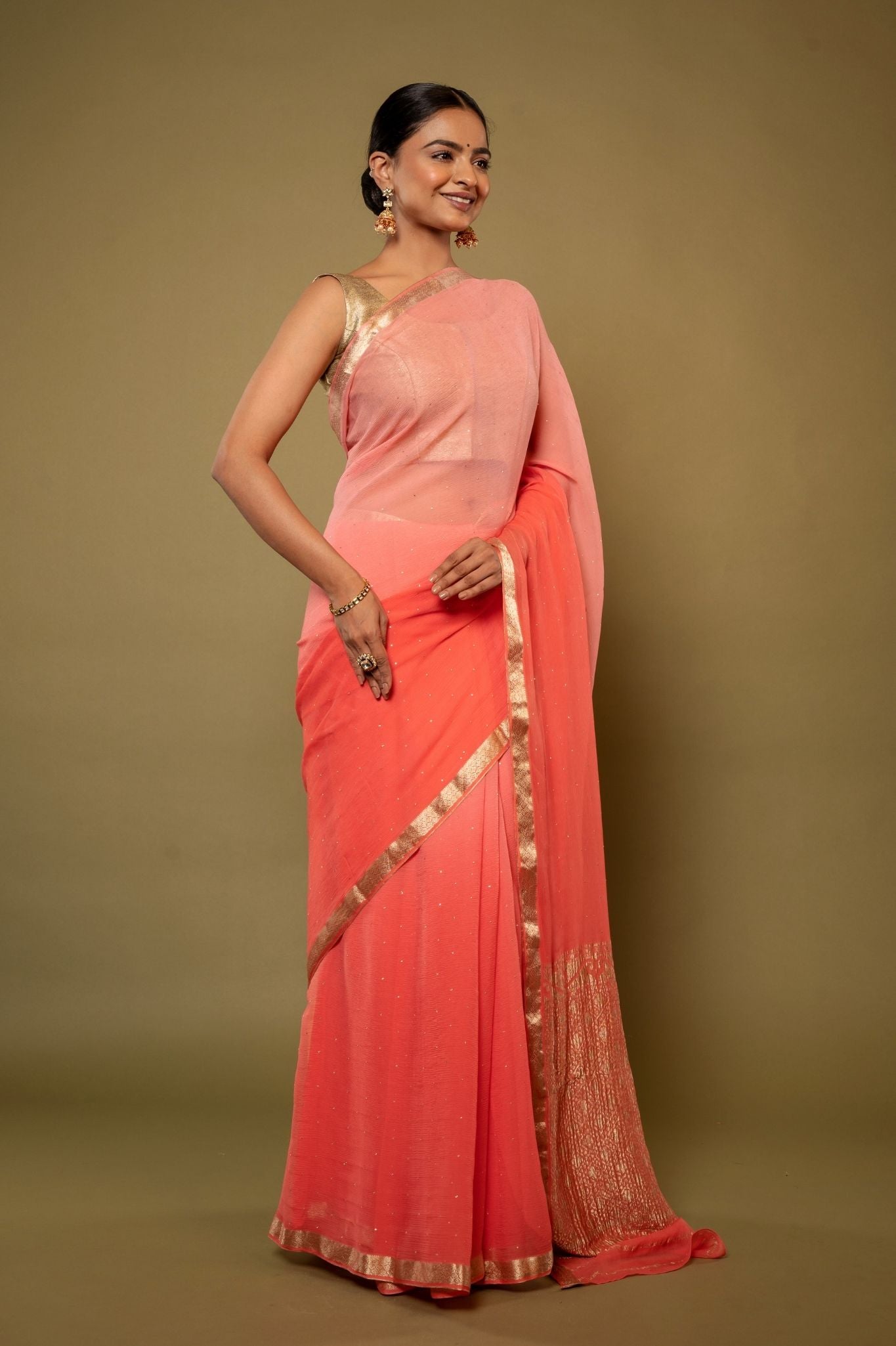 peach pure chiffon zari border  saree
