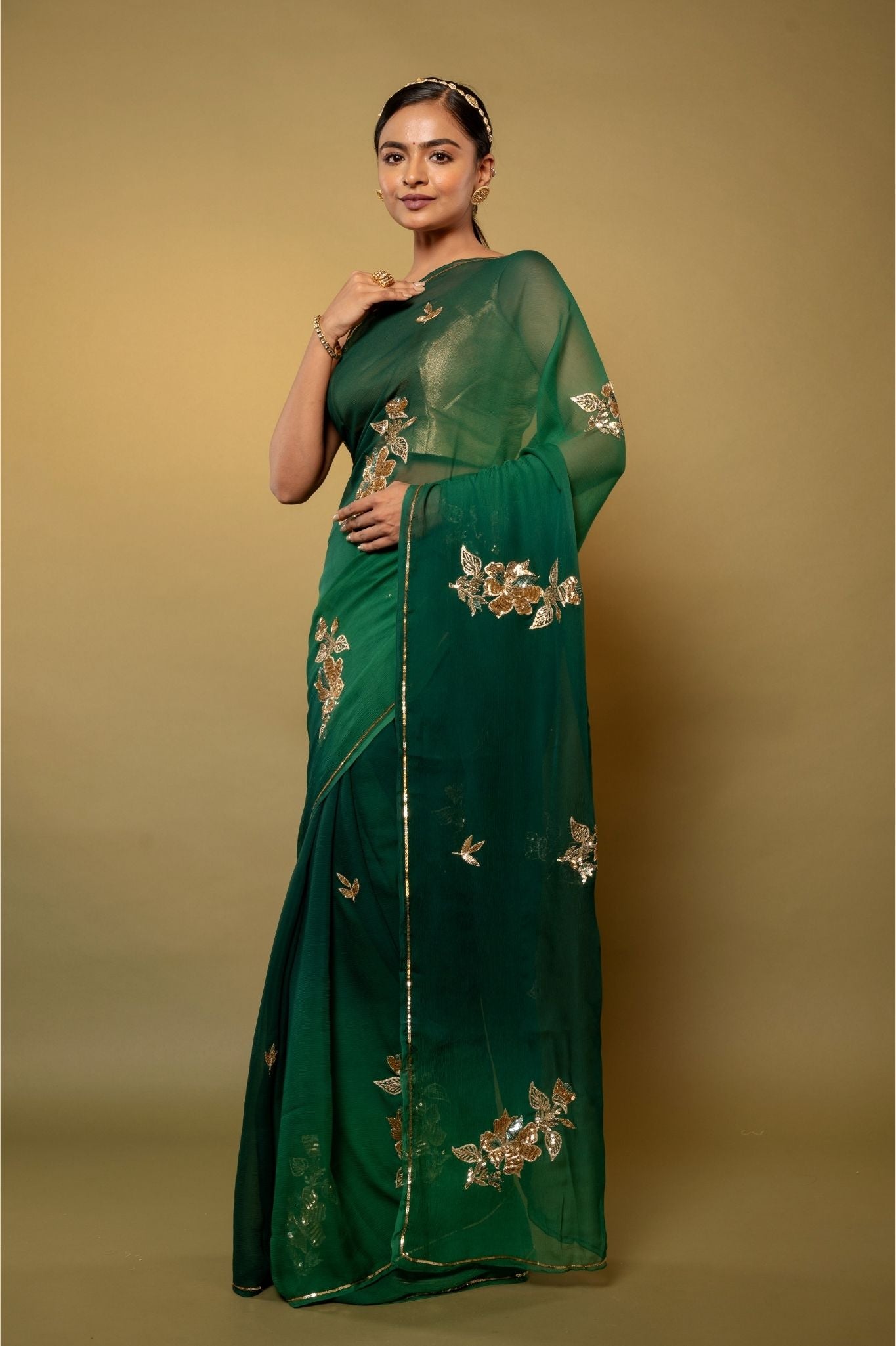 green pure chiffon aari sequins  handwork saree
