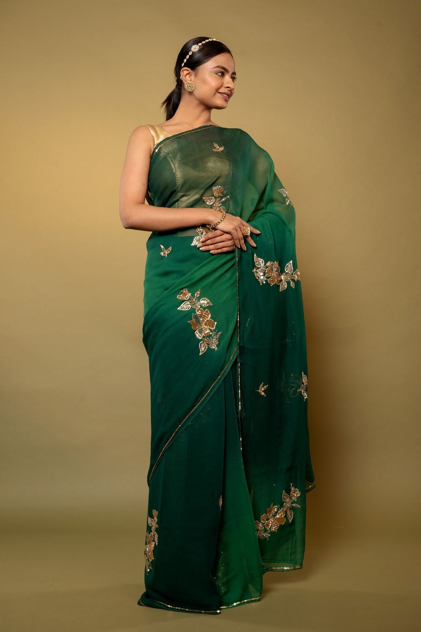green pure chiffon aari sequins  handwork saree