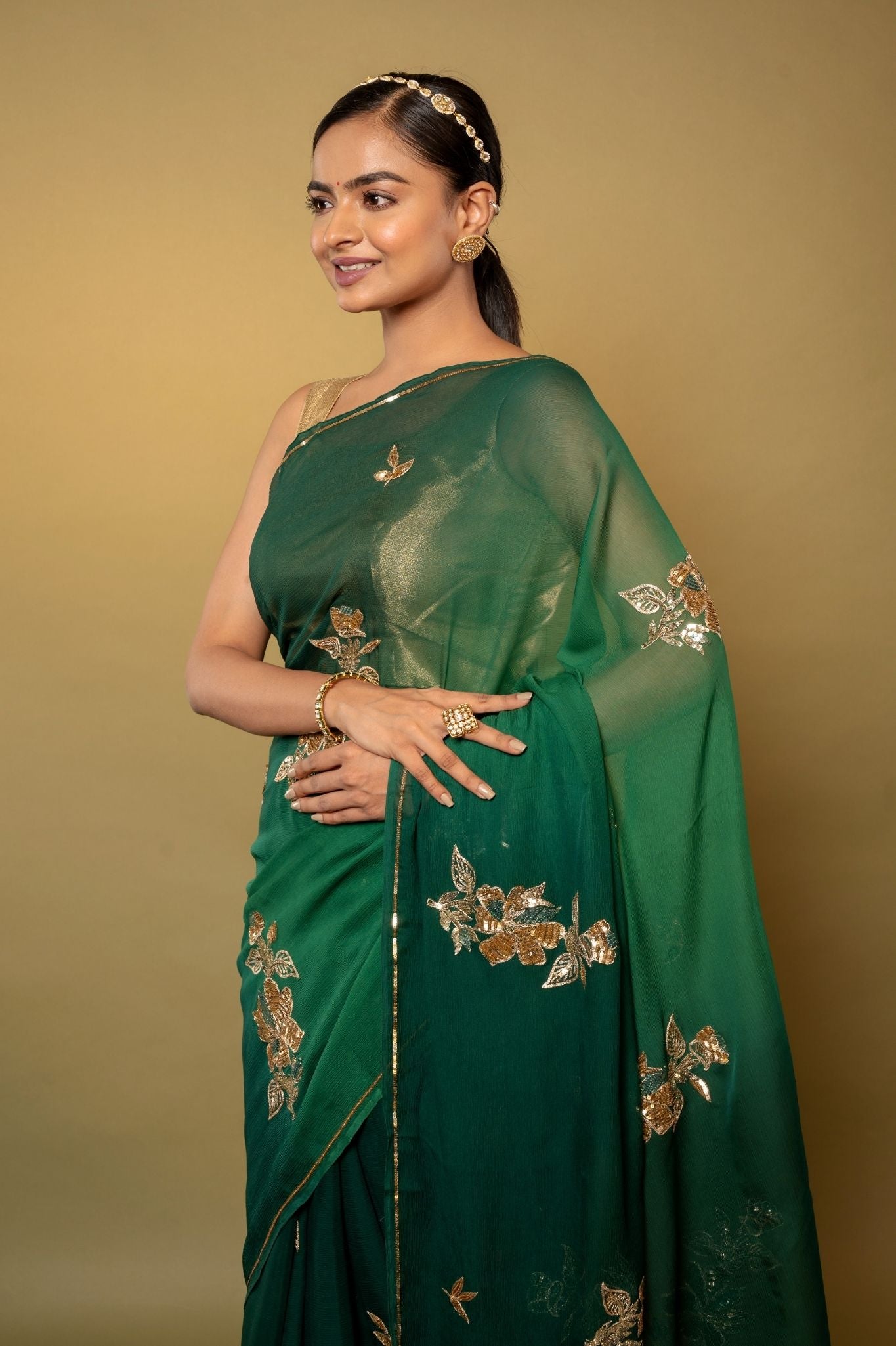 green pure chiffon aari sequins  handwork saree