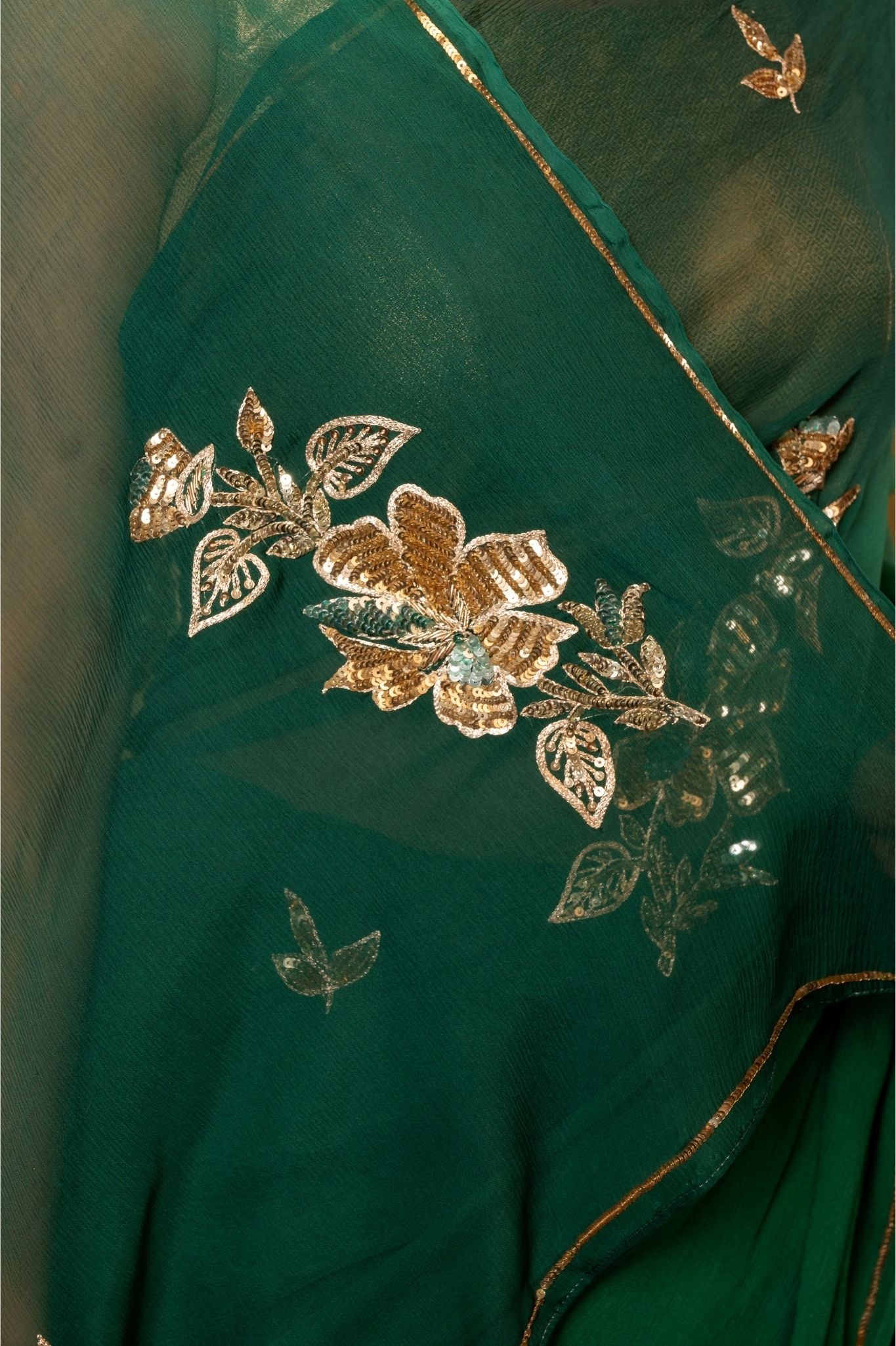 green pure chiffon aari sequins  handwork saree