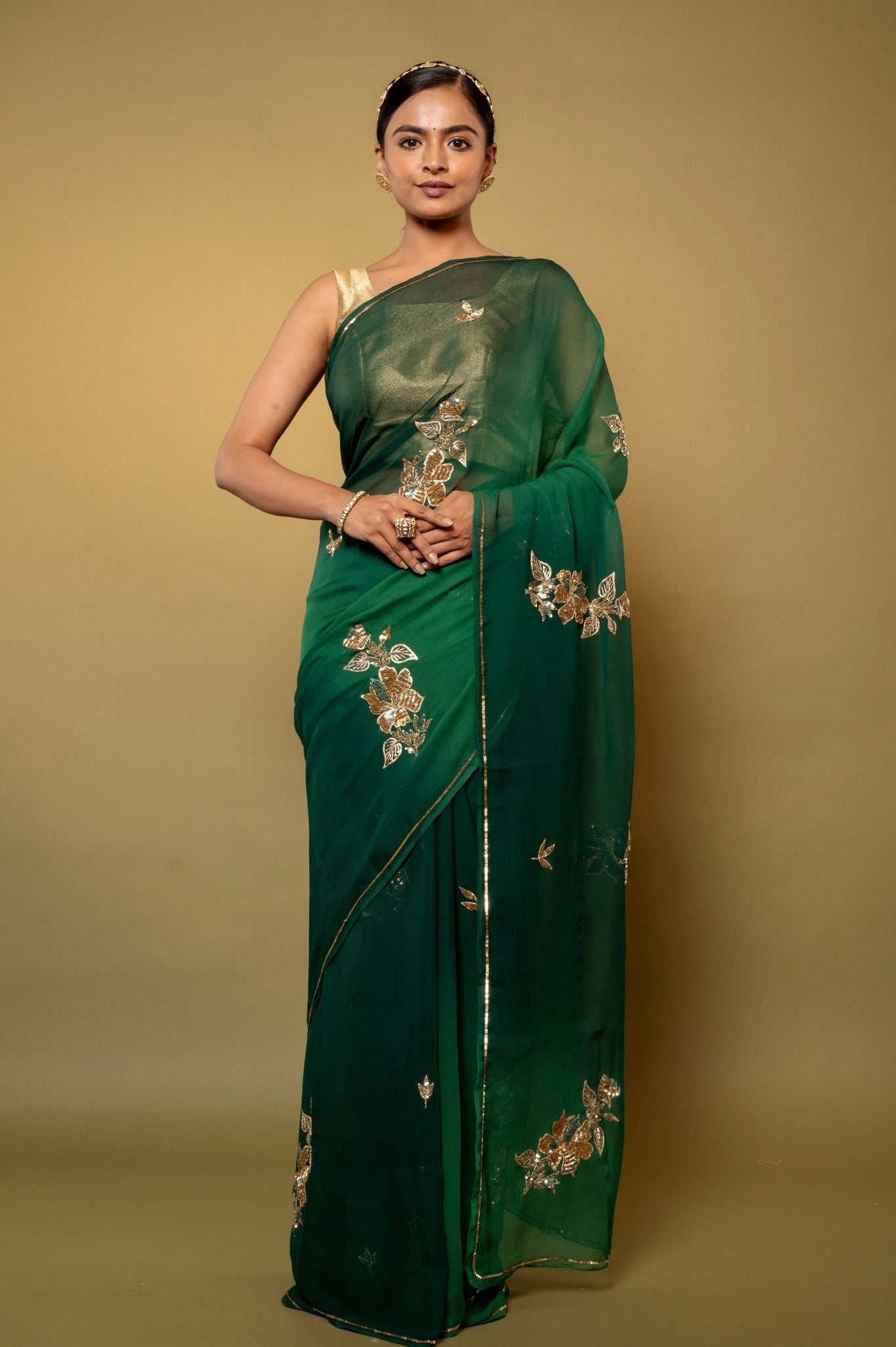 green pure chiffon aari sequins  handwork saree