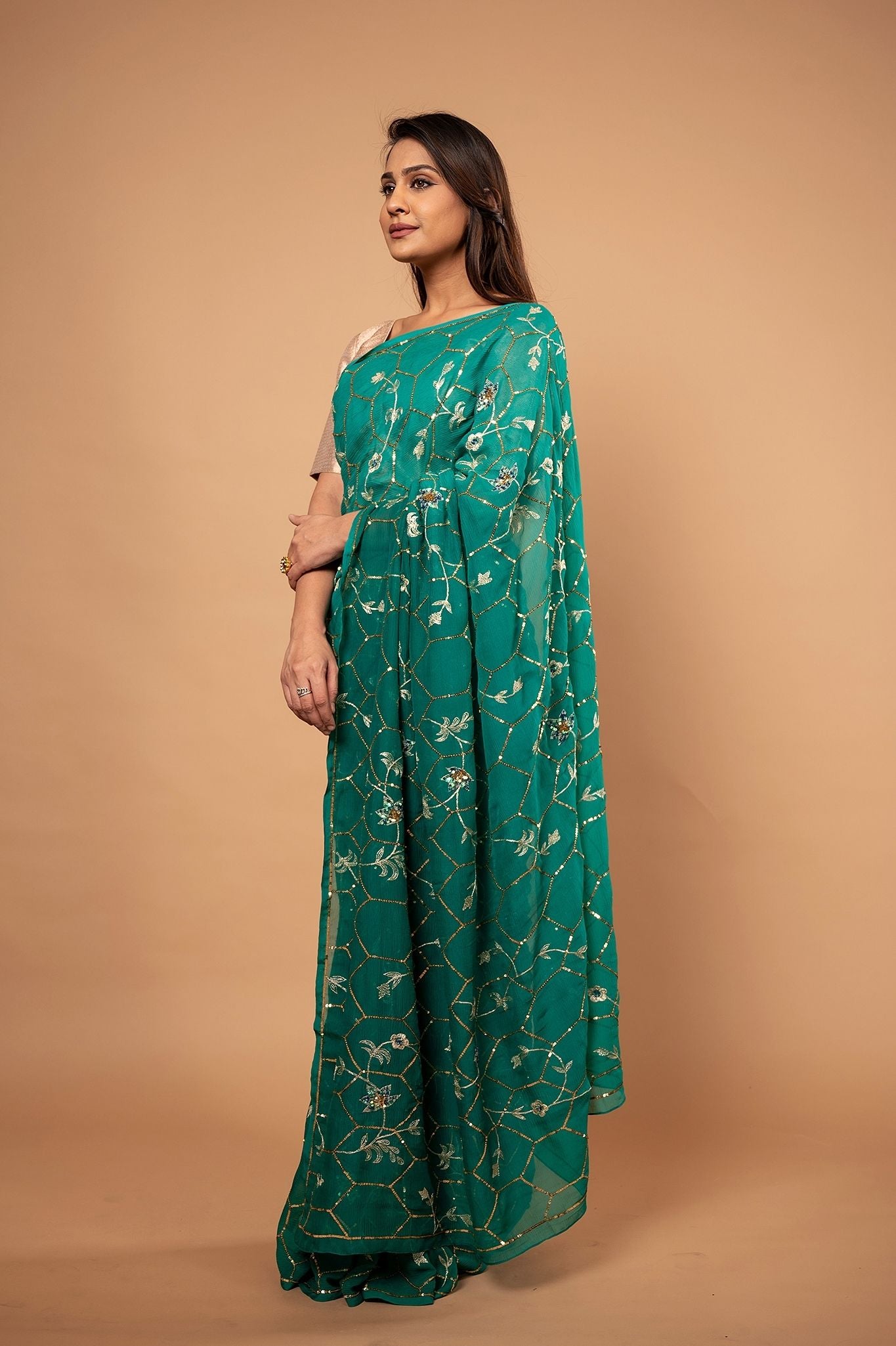 rama green Pure Chiffon aari sequins  jaal handwork saree