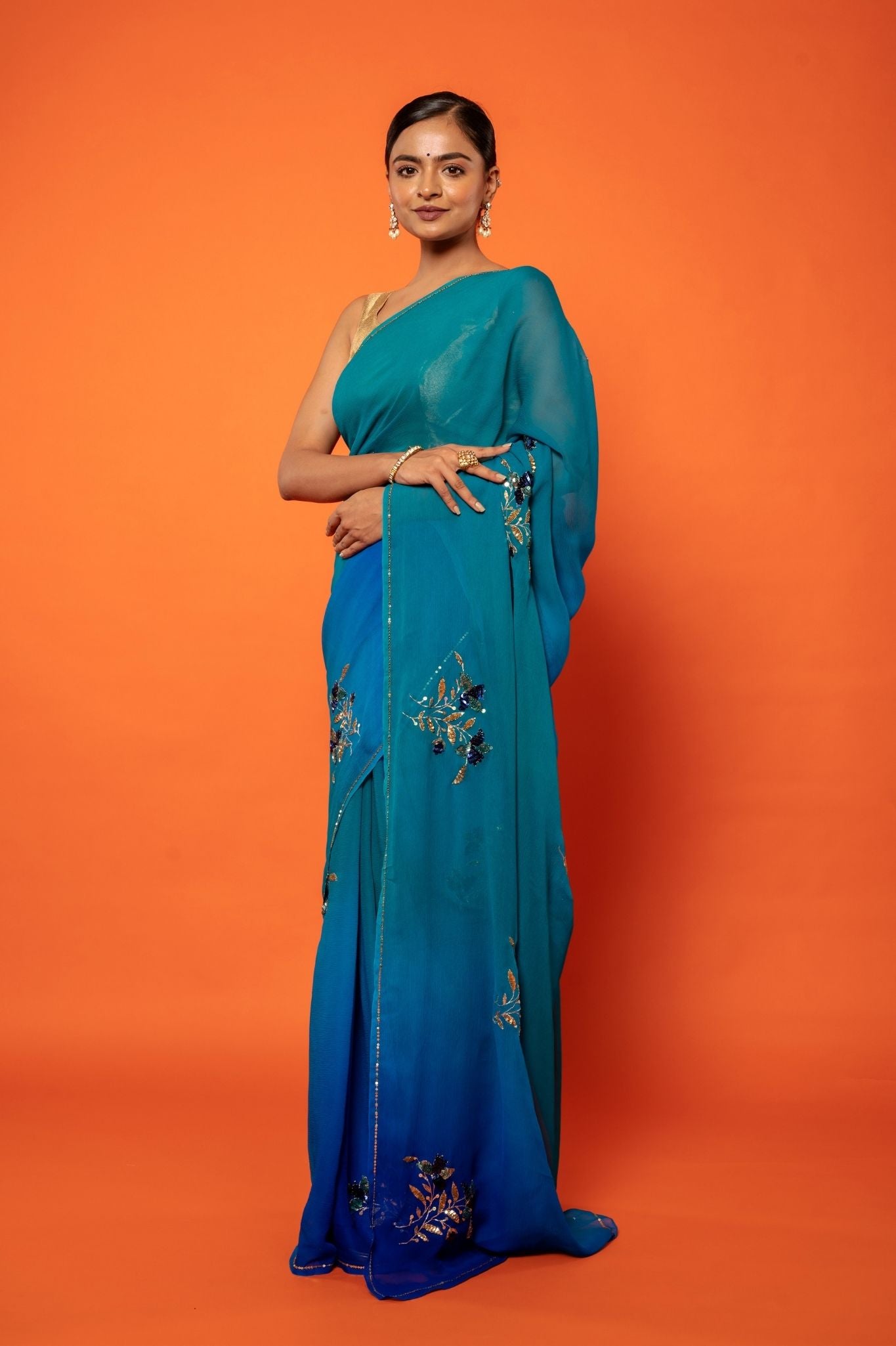 peacock pure chiffon aari sequins  handwork saree