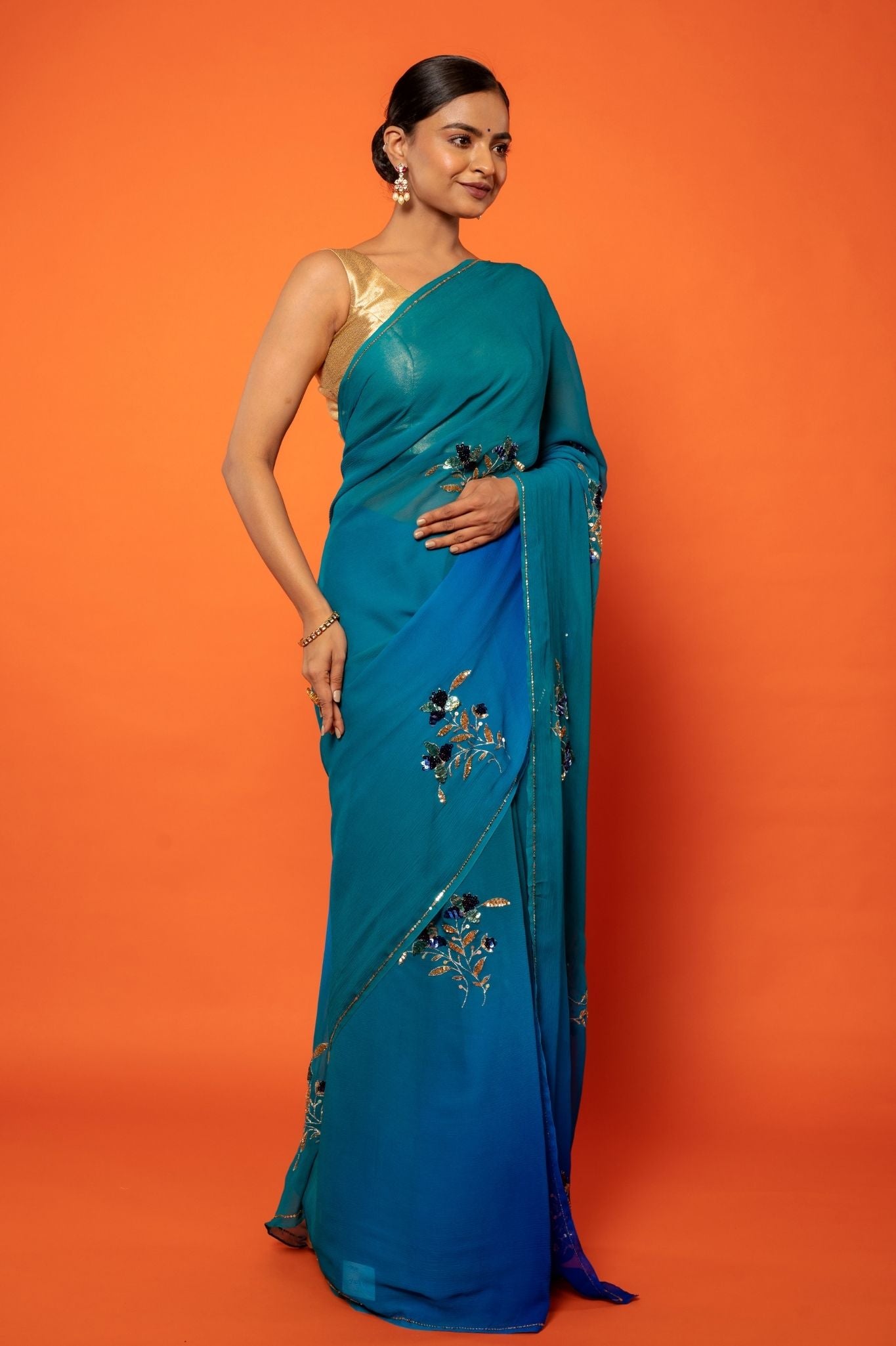 peacock pure chiffon aari sequins  handwork saree