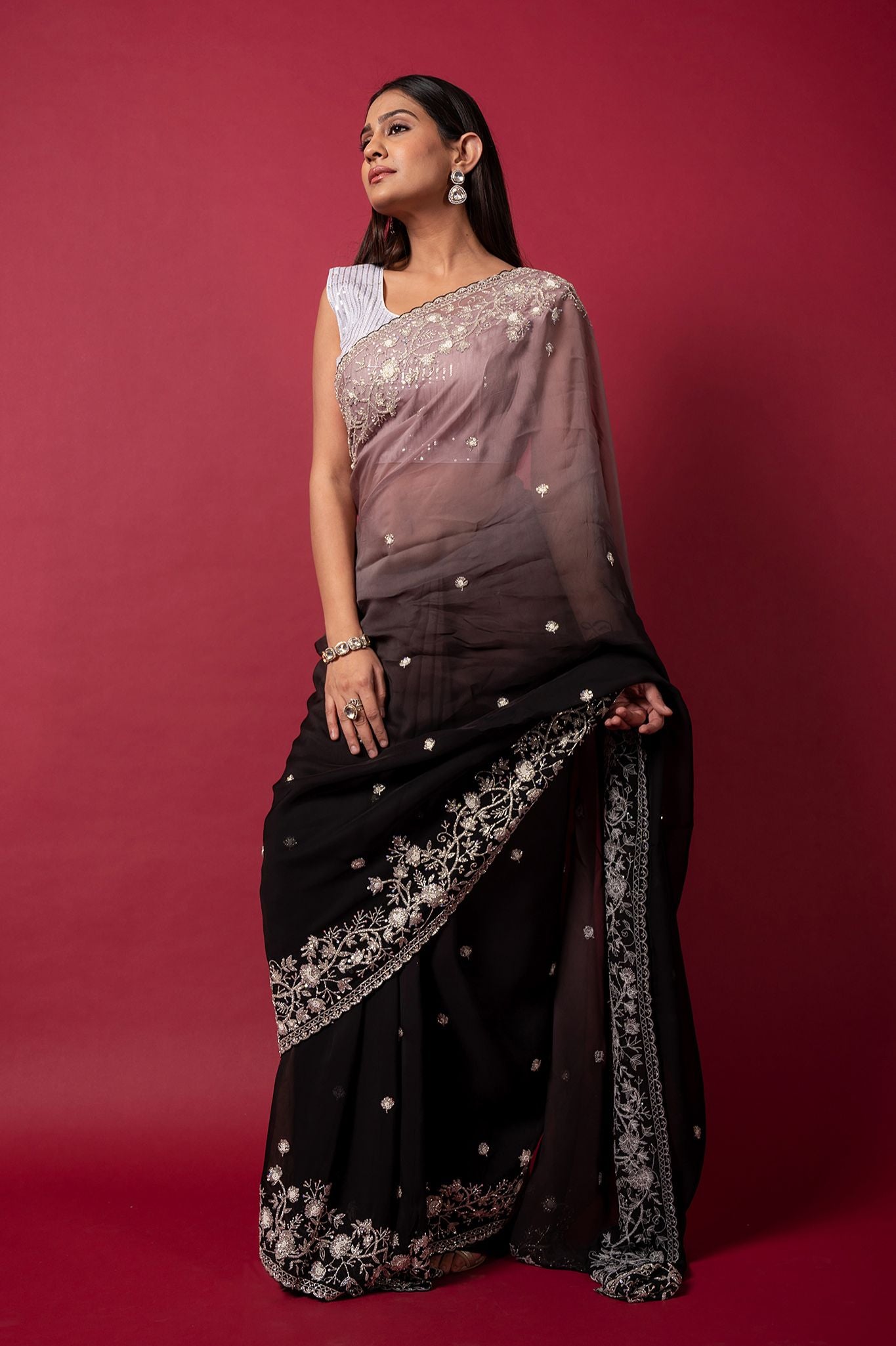 black grey organza  pearl sequins kardana handwork saree