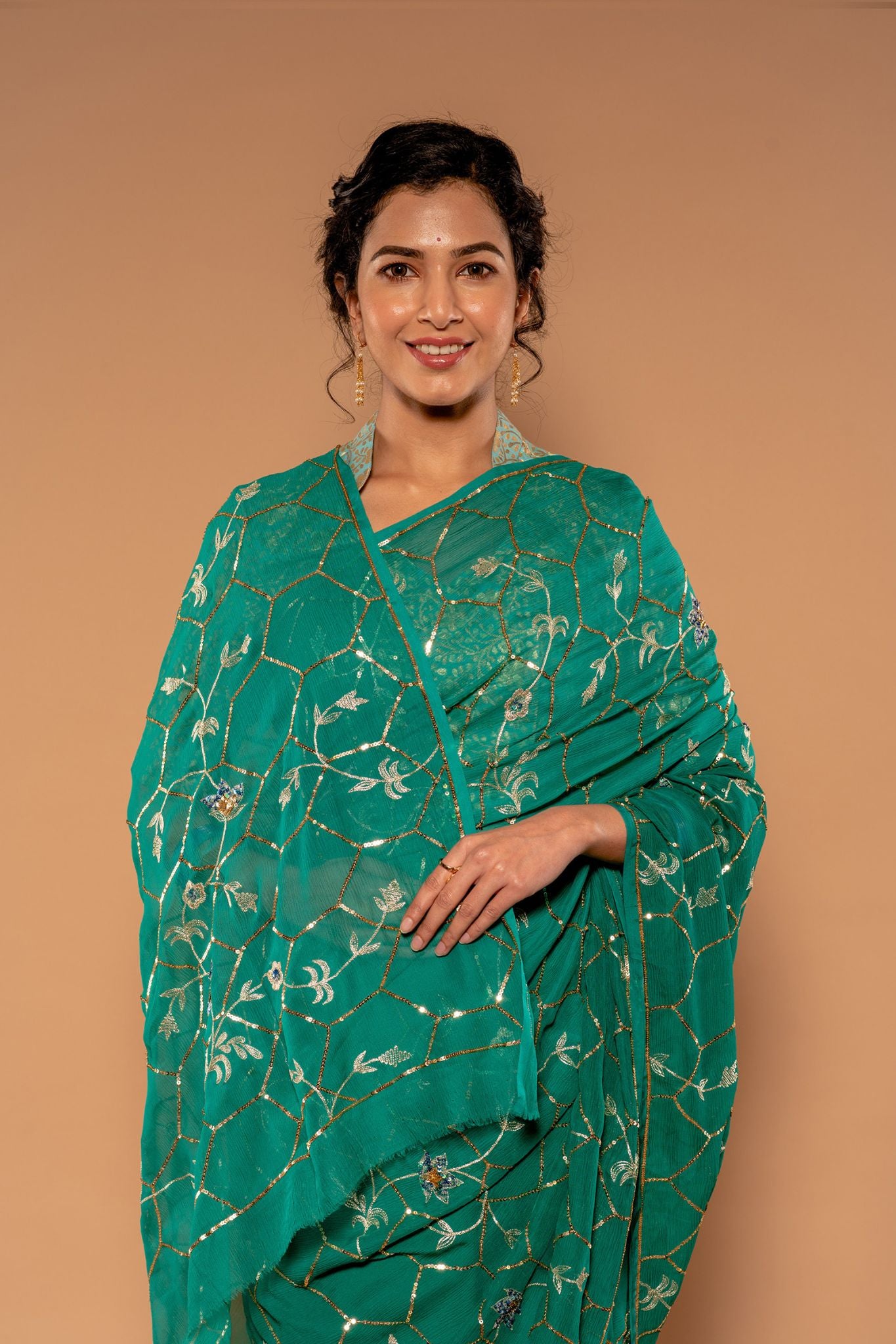 rama green Pure Chiffon aari sequins  jaal handwork Saree