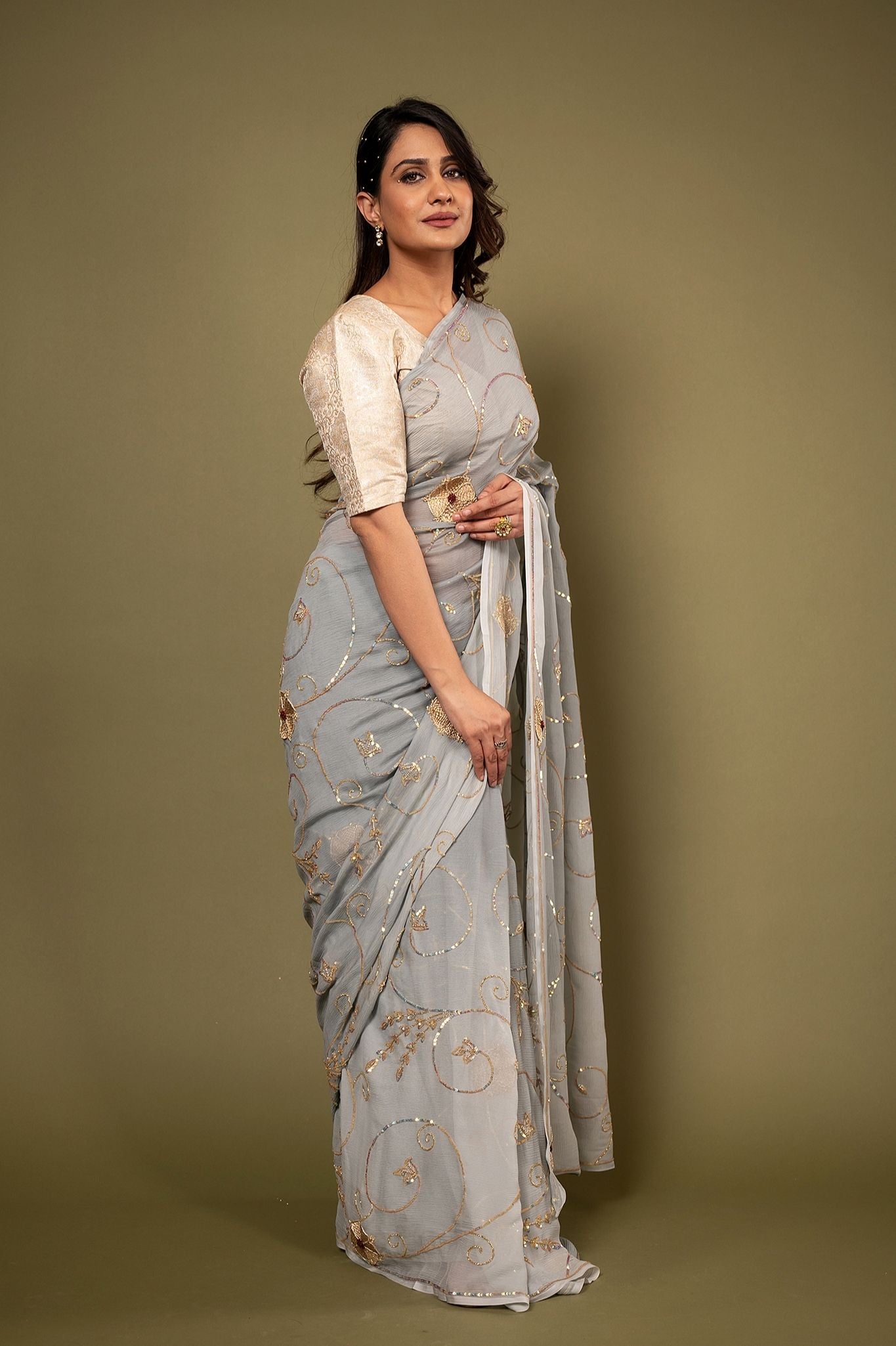 Grey pure chiffon sequins zari jaal handwork saree