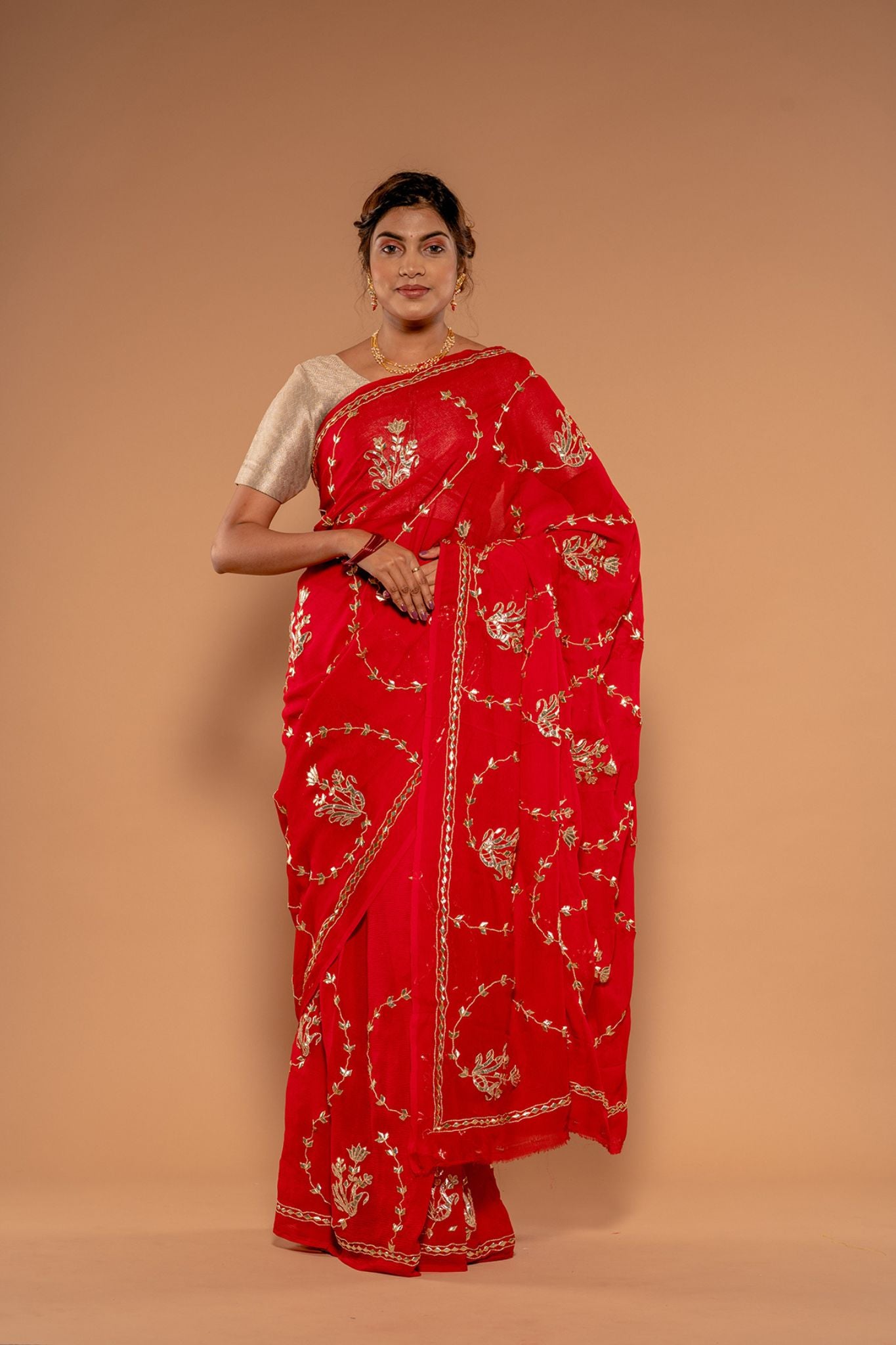 Tamatri Red Viscose Chiffon Tori Gota Patti Handwork  Saree
