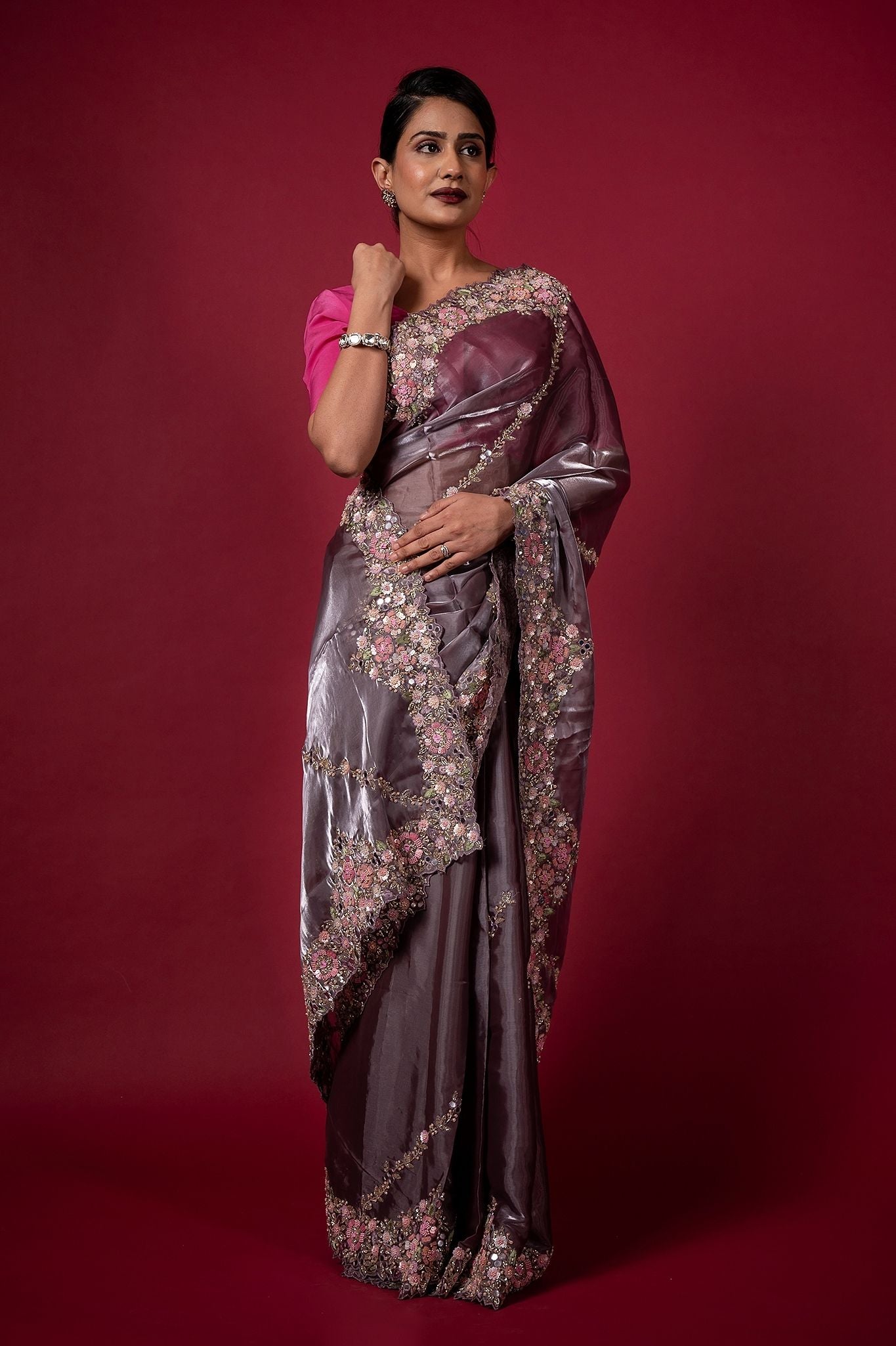 Purple Tissue organza pearl  sequins kardana resham handwork saree