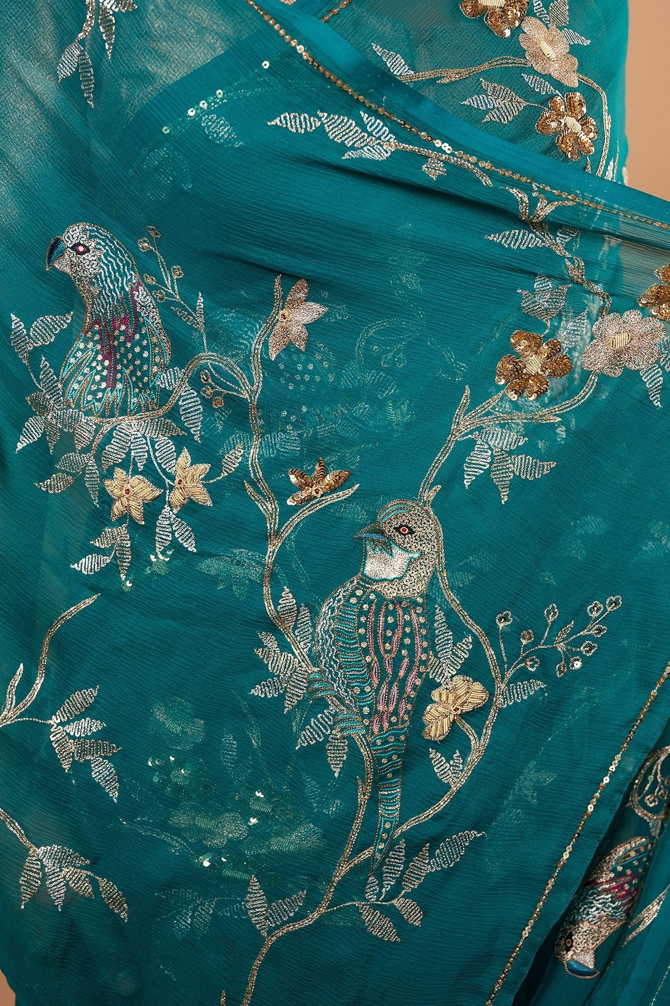 Rama pure chiffon aari sequnece zardozi resham jaal handwork saree