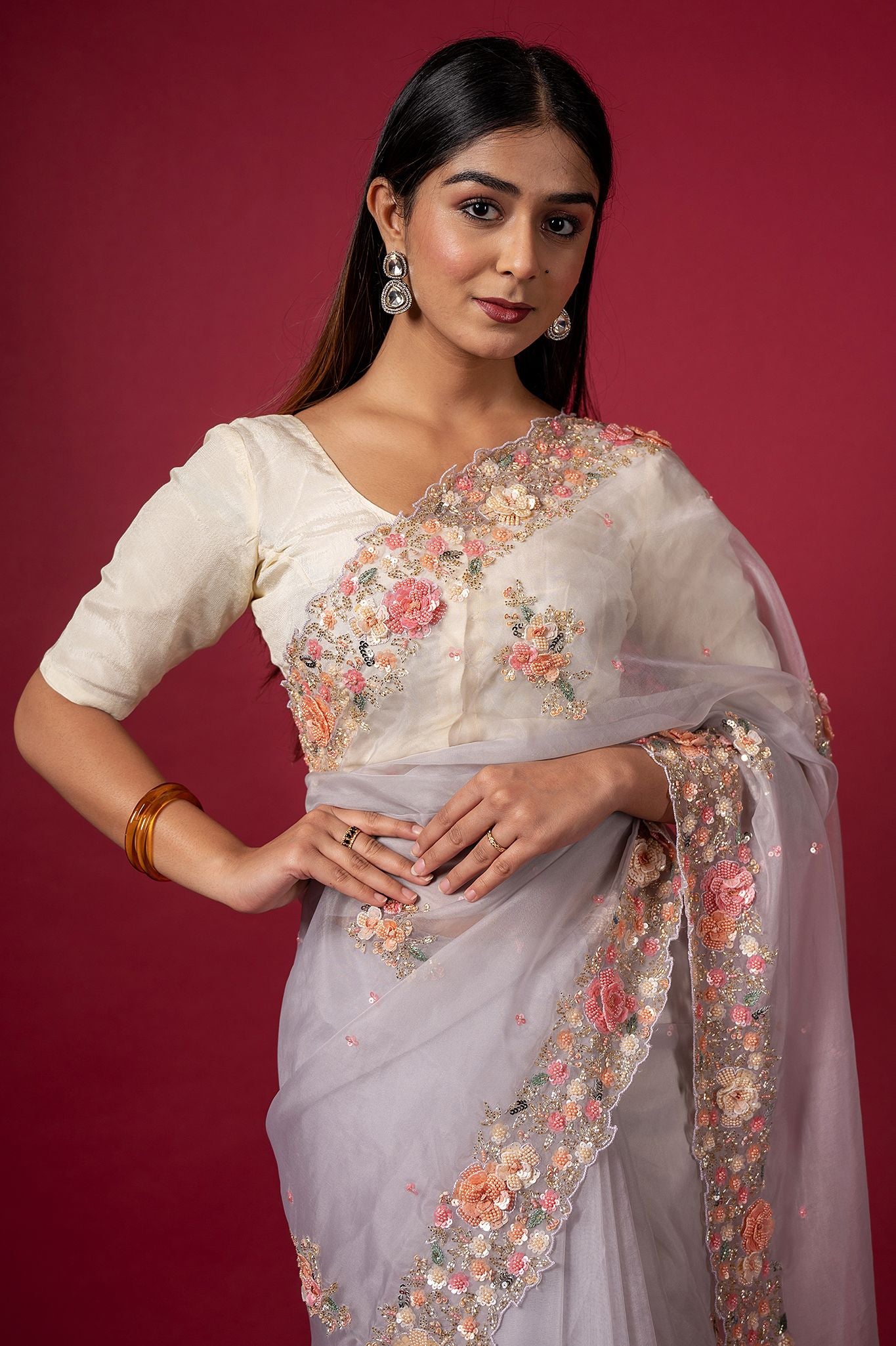 lavender organza  pearl  sequins kardana resham handwork saree