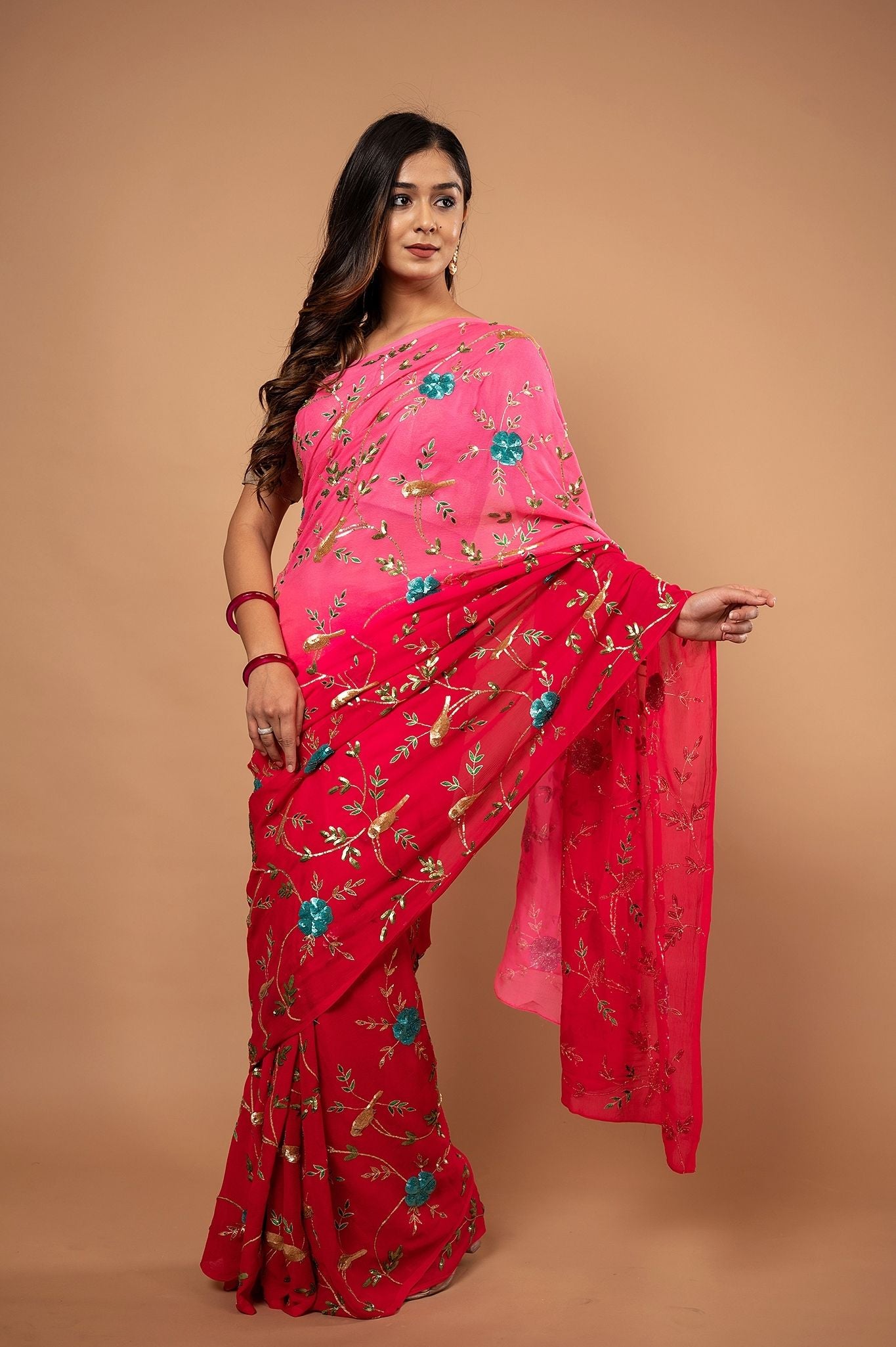 Gajri Pink light dark pure chiffon aari sequins  jaal handwork saree