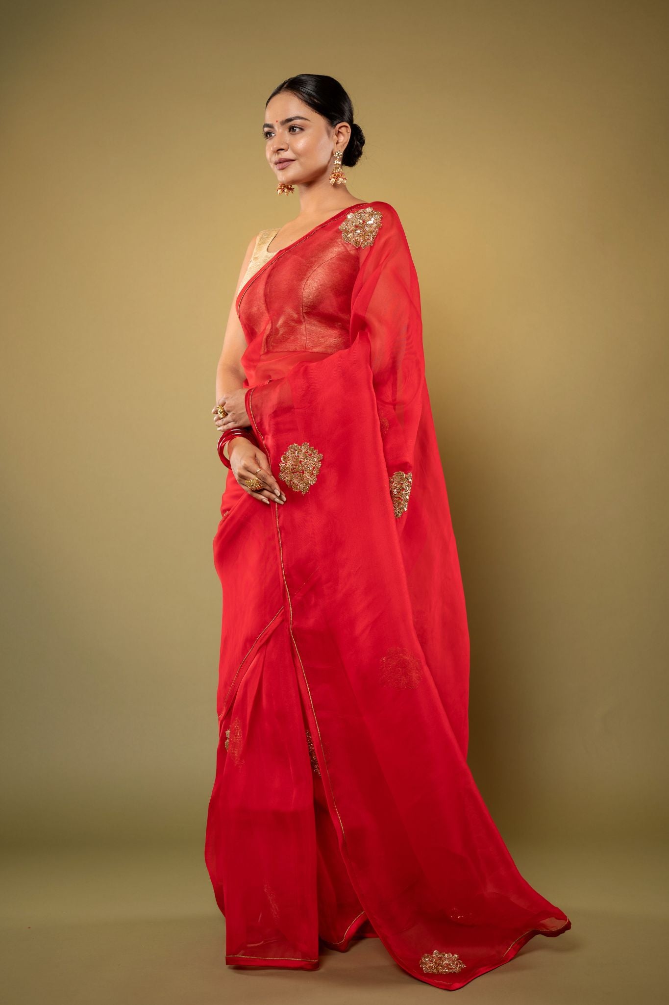 Red pure organza zardozi motif handwork saree