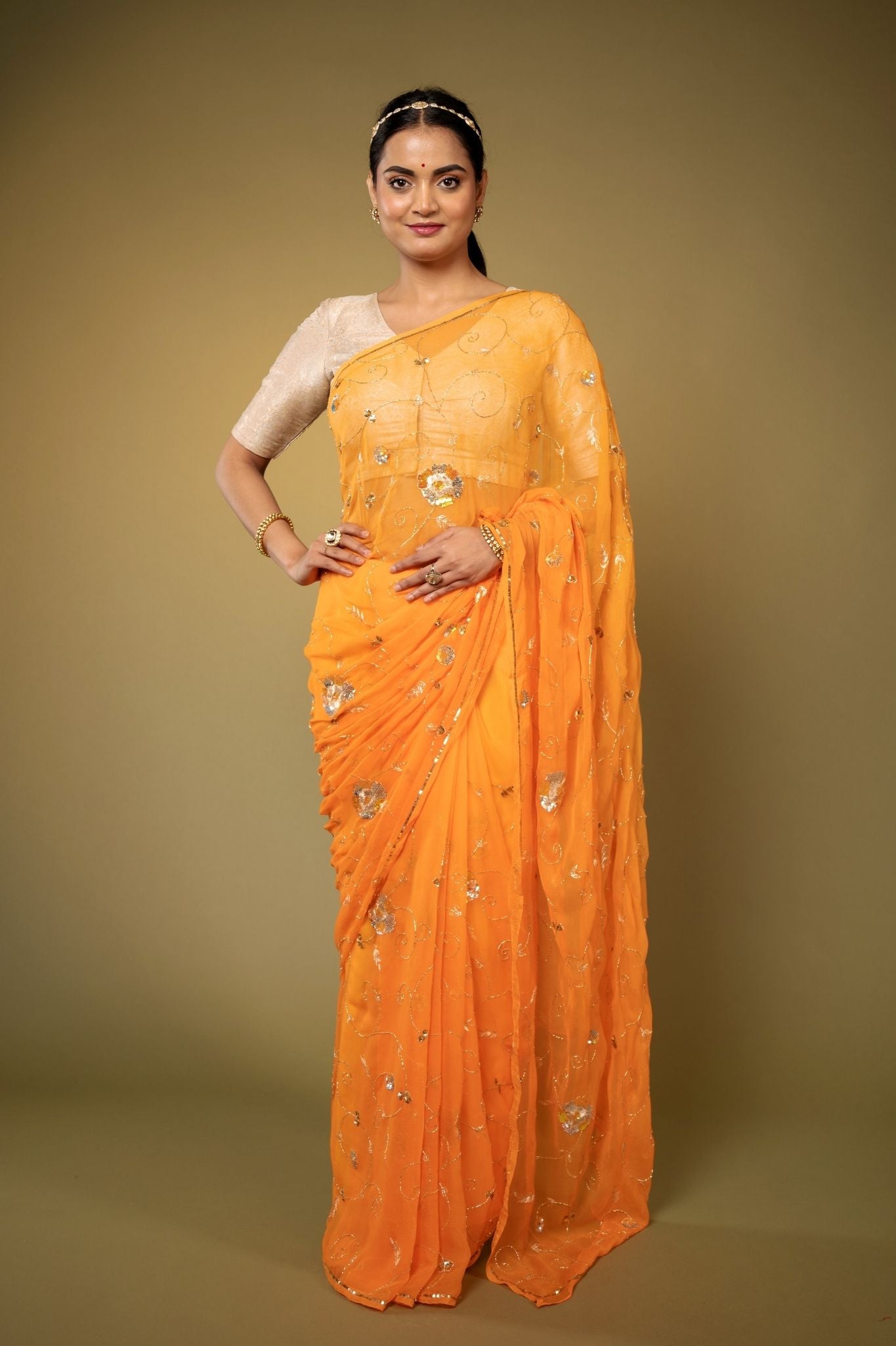 yellow Viscose Chiffon aari sequins  jaal handwork party wear saree