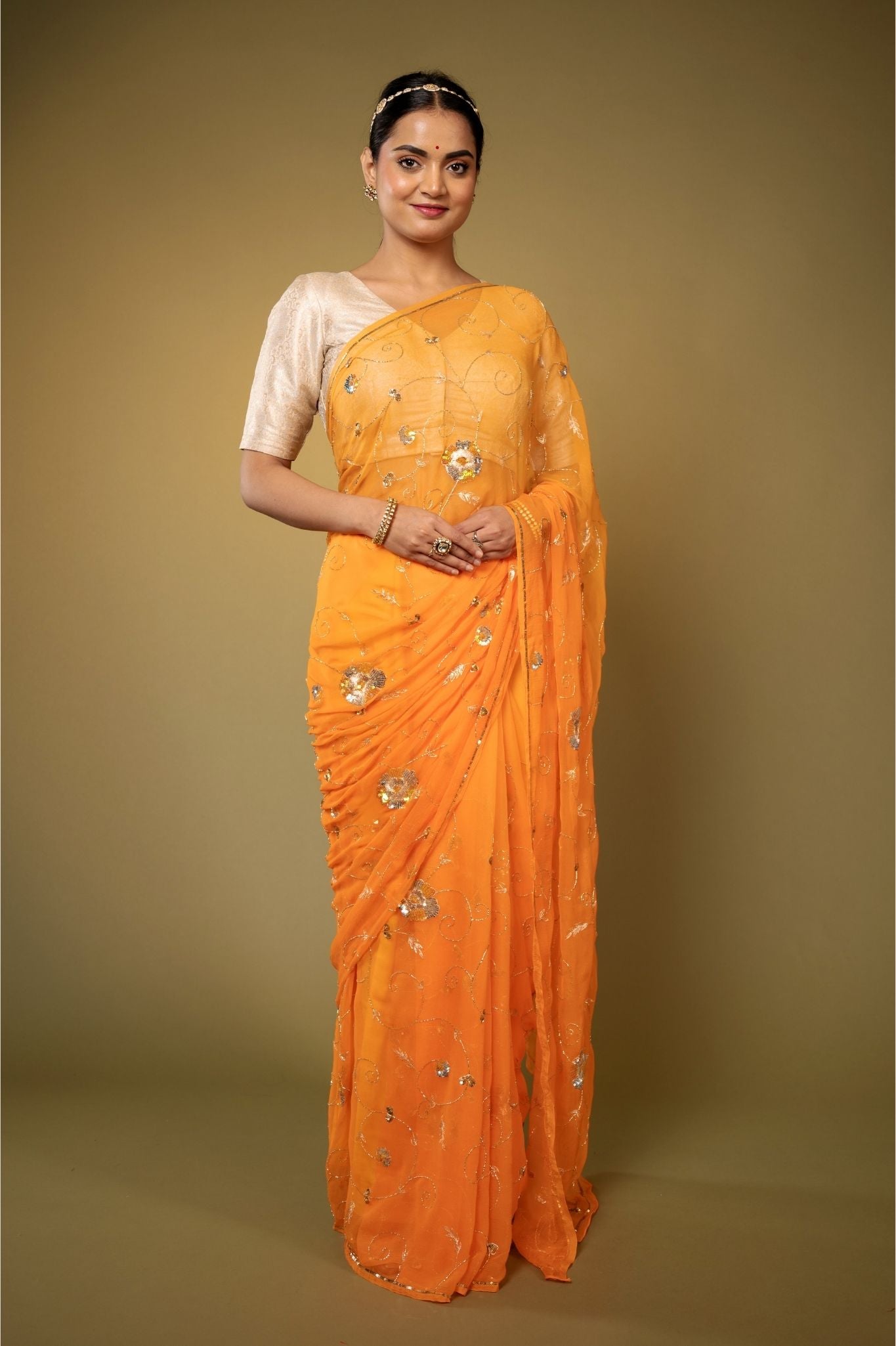 yellow Viscose Chiffon aari sequins  jaal handwork party wear saree