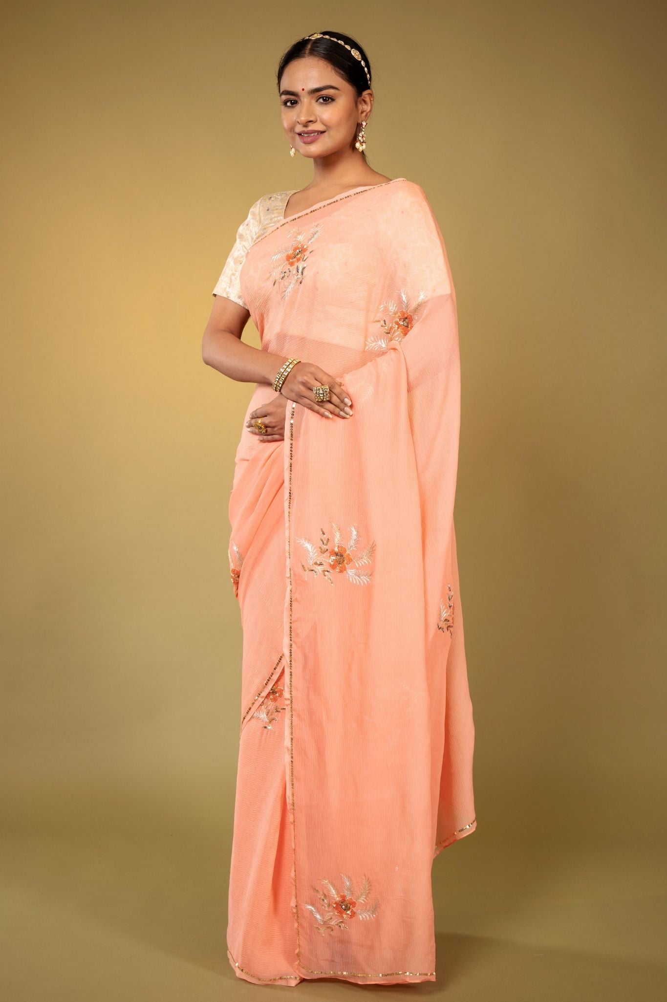 peach pure chiffon aari sequins  handwork saree